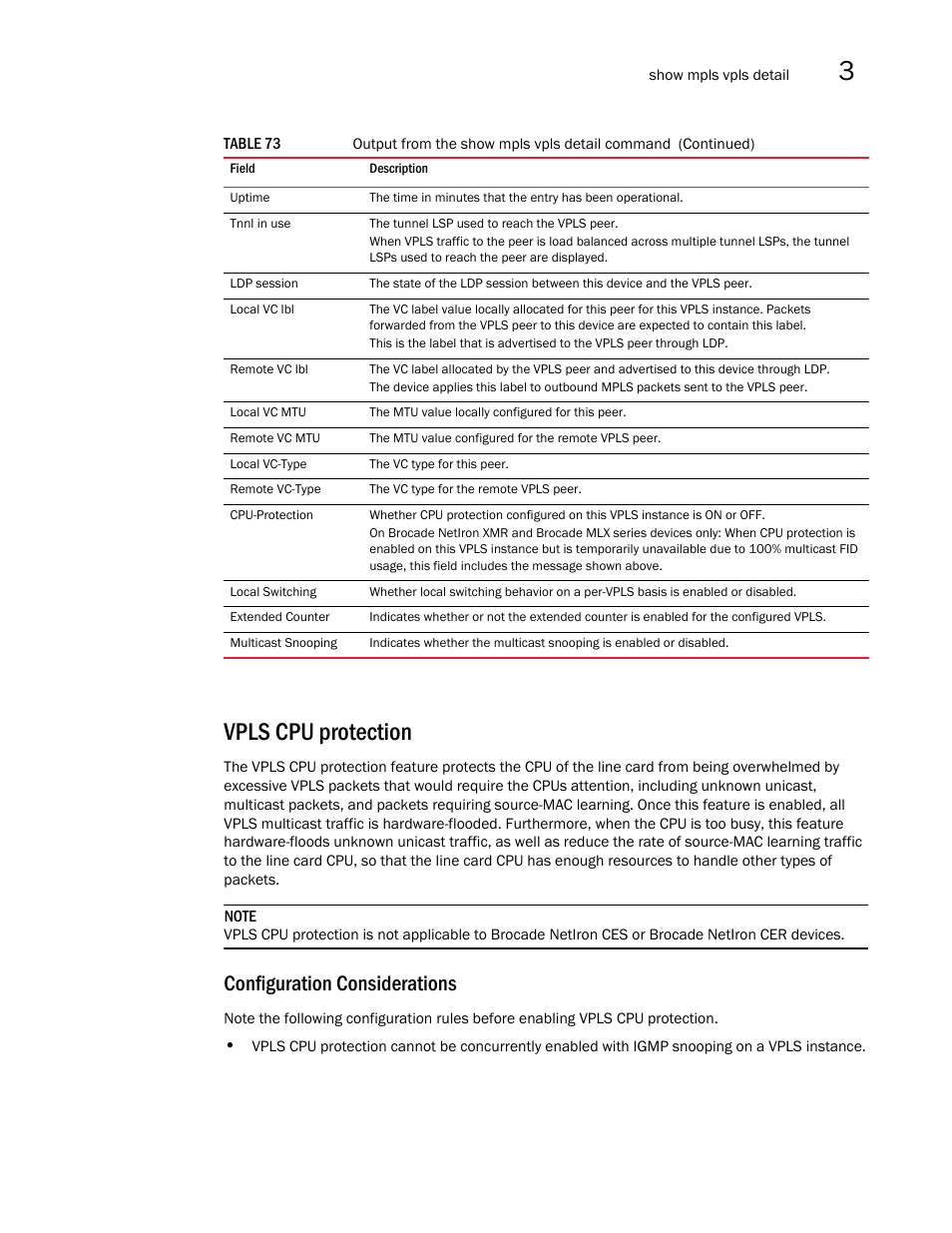 Vpls cpu protection, Configuration considerations | Brocade Multi-Service IronWare Multiprotocol Label Switch (MPLS) Configuration Guide (Supporting R05.6.00) User Manual | Page 507 / 852