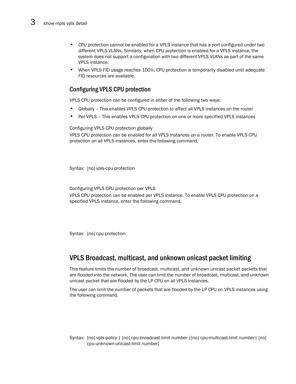 Configuring vpls cpu protection | Brocade Multi-Service IronWare Multiprotocol Label Switch (MPLS) Configuration Guide (Supporting R05.6.00) User Manual | Page 508 / 852