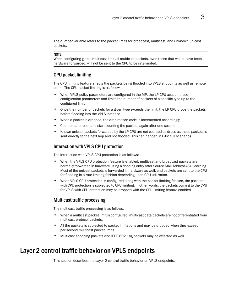 Layer 2 control traffic behavior on vpls endpoints, Cpu packet limiting, Interaction with vpls cpu protection | Multicast traffic processing | Brocade Multi-Service IronWare Multiprotocol Label Switch (MPLS) Configuration Guide (Supporting R05.6.00) User Manual | Page 509 / 852