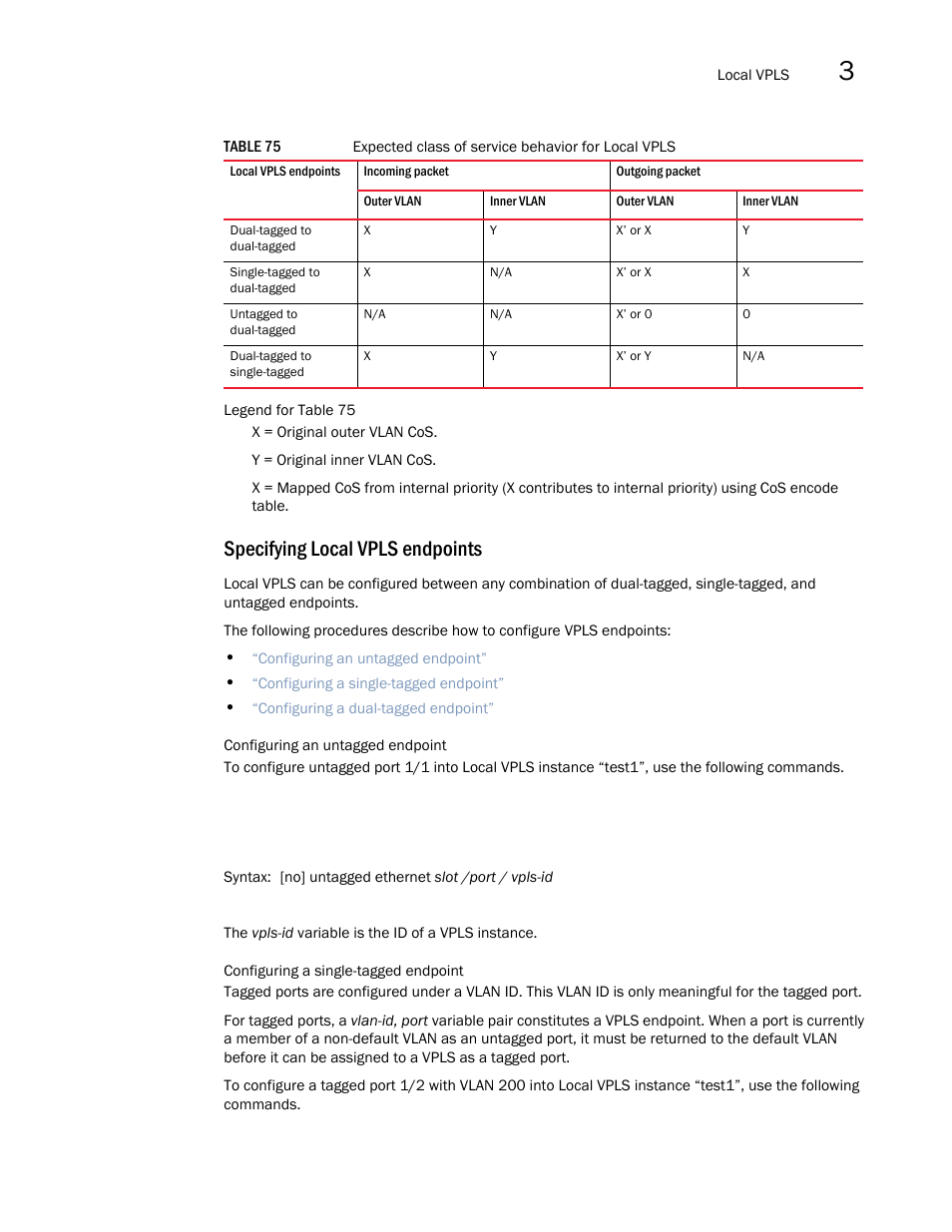 Table, Specifying local vpls endpoints | Brocade Multi-Service IronWare Multiprotocol Label Switch (MPLS) Configuration Guide (Supporting R05.6.00) User Manual | Page 519 / 852