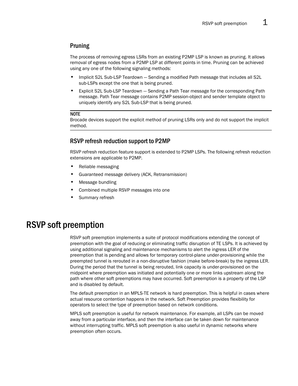 Rsvp soft preemption, Pruning, Rsvp refresh reduction support to p2mp | Brocade Multi-Service IronWare Multiprotocol Label Switch (MPLS) Configuration Guide (Supporting R05.6.00) User Manual | Page 53 / 852