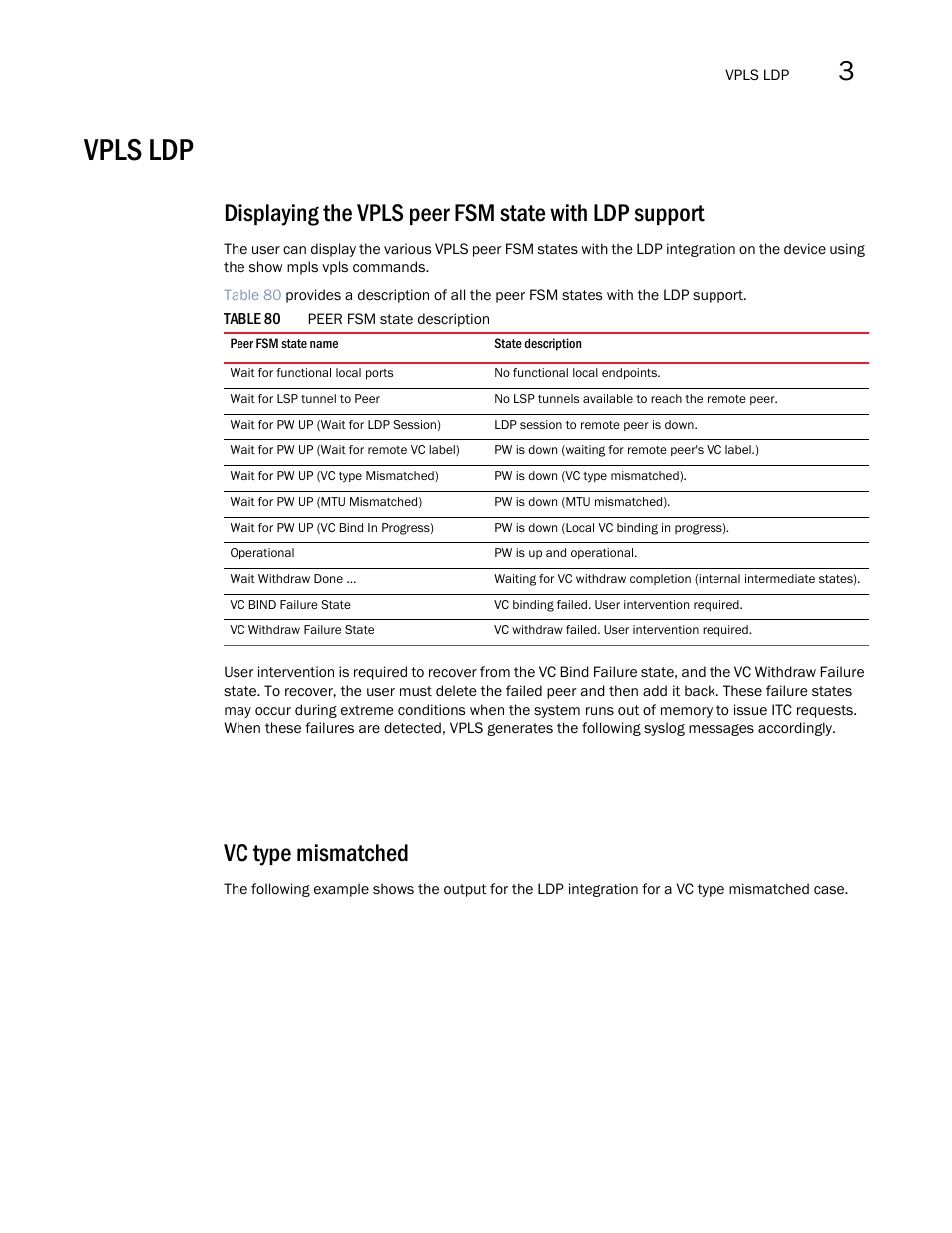 Vpls ldp, Vc type mismatched | Brocade Multi-Service IronWare Multiprotocol Label Switch (MPLS) Configuration Guide (Supporting R05.6.00) User Manual | Page 535 / 852