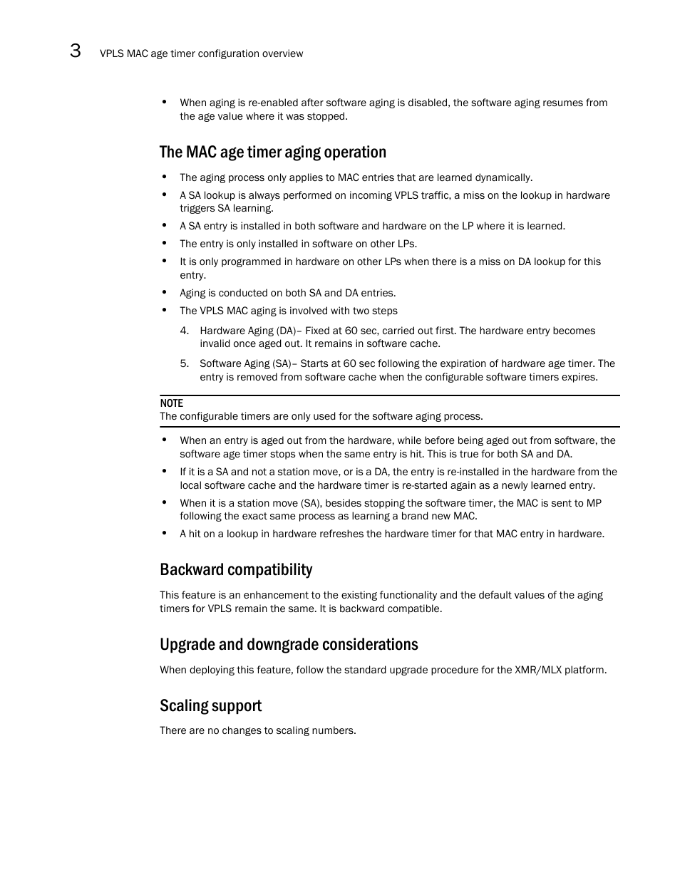 The mac age timer aging operation, Backward compatibility, Upgrade and downgrade considerations | Scaling support | Brocade Multi-Service IronWare Multiprotocol Label Switch (MPLS) Configuration Guide (Supporting R05.6.00) User Manual | Page 540 / 852