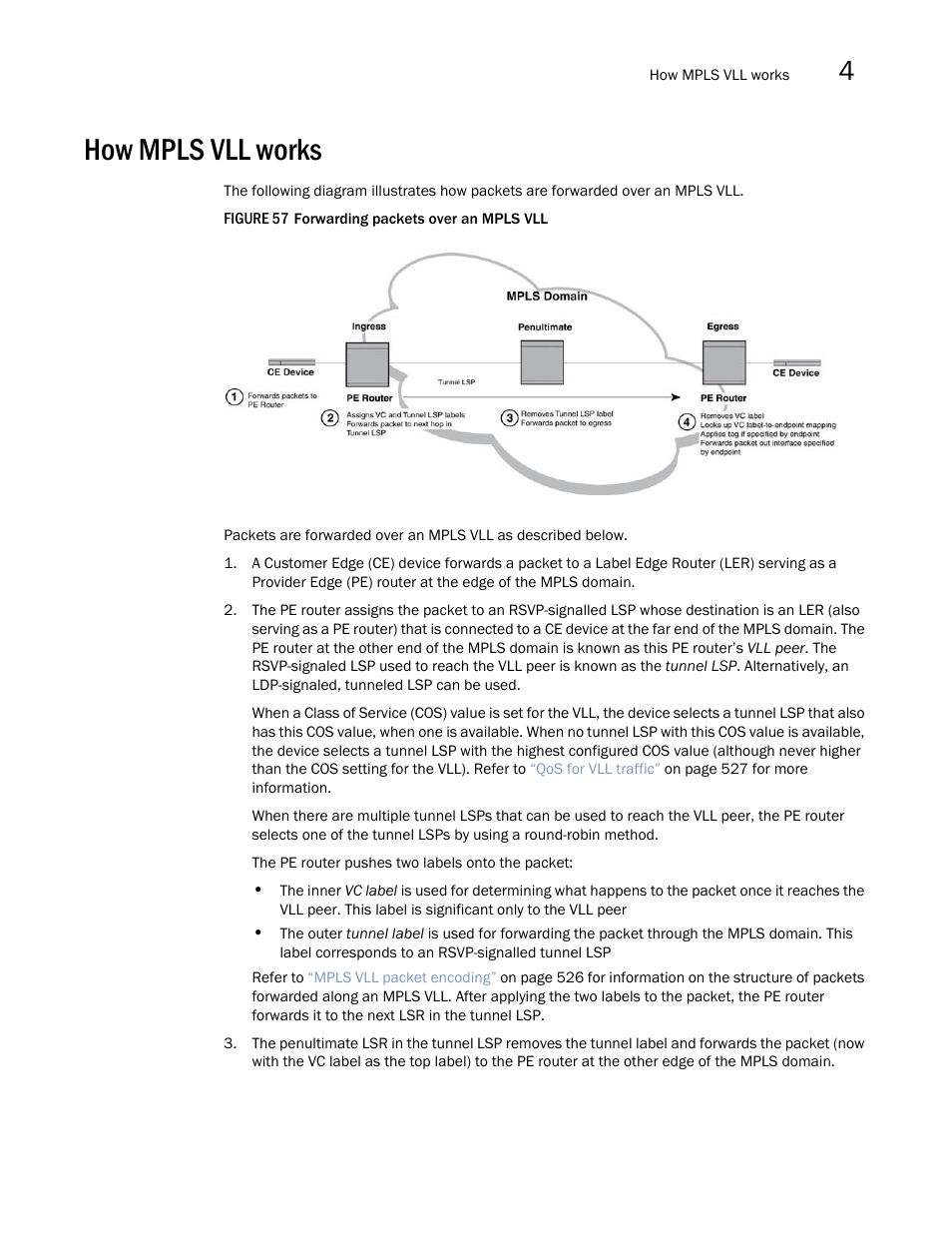 How mpls vll works | Brocade Multi-Service IronWare Multiprotocol Label Switch (MPLS) Configuration Guide (Supporting R05.6.00) User Manual | Page 549 / 852