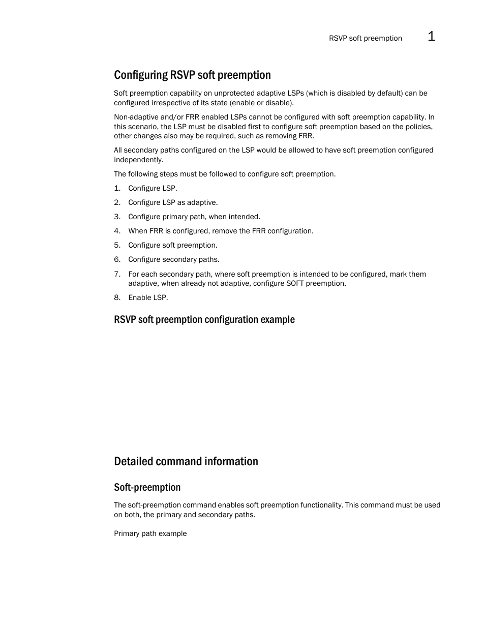 Configuring rsvp soft preemption, Detailed command information, Rsvp soft preemption configuration example | Soft-preemption | Brocade Multi-Service IronWare Multiprotocol Label Switch (MPLS) Configuration Guide (Supporting R05.6.00) User Manual | Page 55 / 852