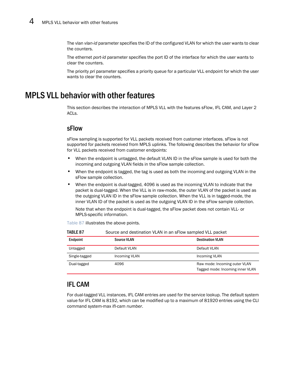 Mpls vll behavior with other features, Sflow, Ifl cam | Brocade Multi-Service IronWare Multiprotocol Label Switch (MPLS) Configuration Guide (Supporting R05.6.00) User Manual | Page 570 / 852