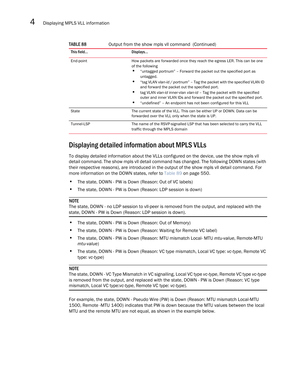 Displaying detailed information about mpls vlls | Brocade Multi-Service IronWare Multiprotocol Label Switch (MPLS) Configuration Guide (Supporting R05.6.00) User Manual | Page 572 / 852