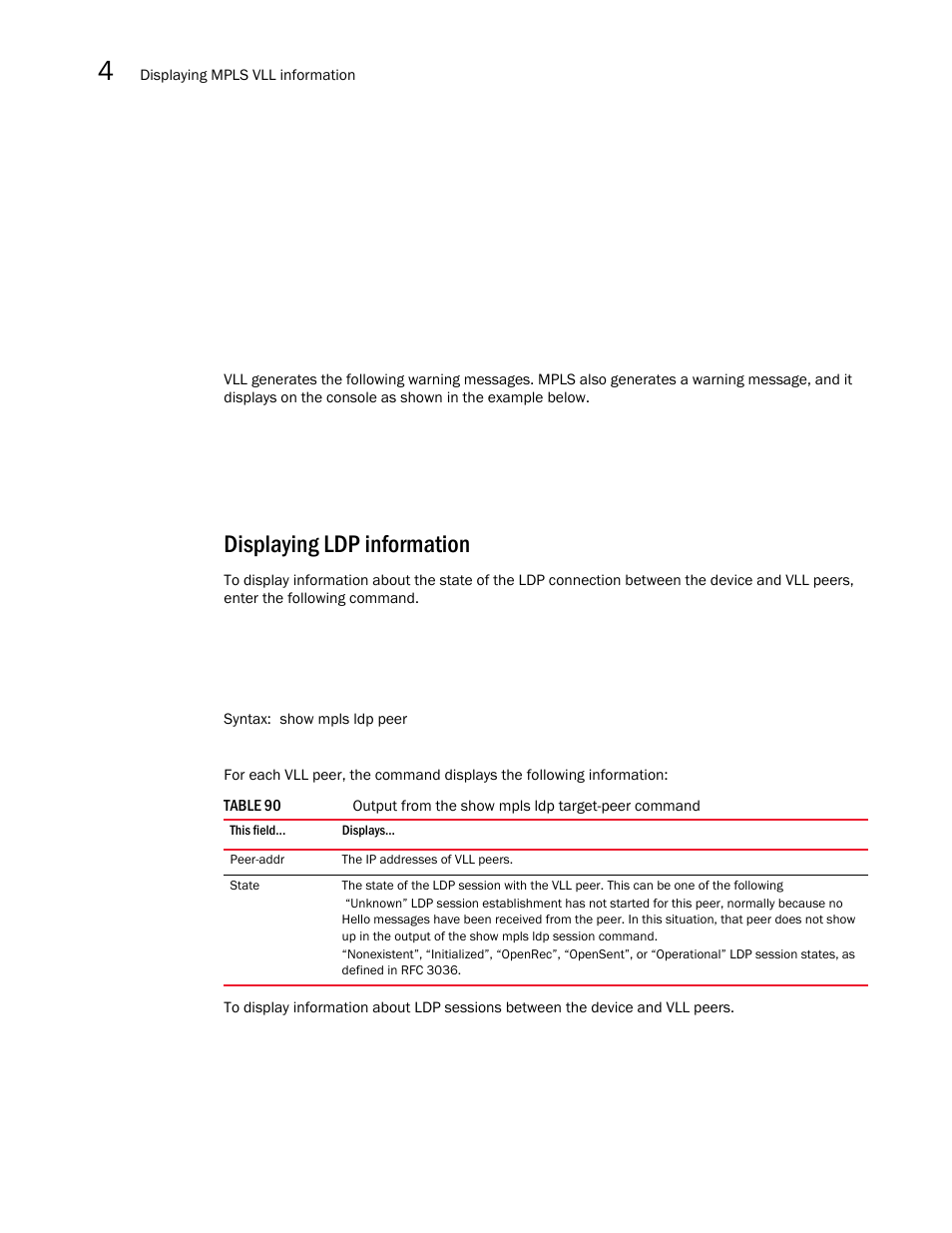 Displaying ldp information | Brocade Multi-Service IronWare Multiprotocol Label Switch (MPLS) Configuration Guide (Supporting R05.6.00) User Manual | Page 576 / 852