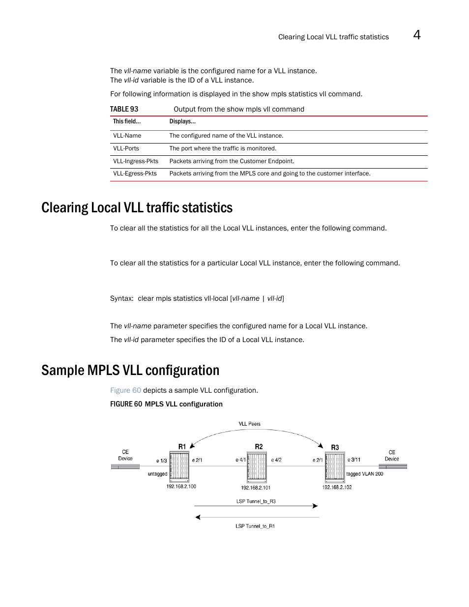 Clearing local vll traffic statistics, Sample mpls vll configuration, 555 illustrates a sample mpls vll configuration | Brocade Multi-Service IronWare Multiprotocol Label Switch (MPLS) Configuration Guide (Supporting R05.6.00) User Manual | Page 579 / 852