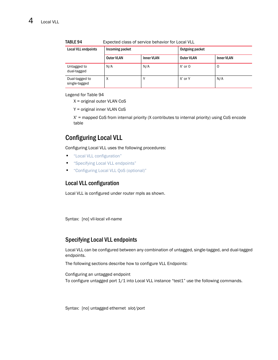 Configuring local vll, Local vll configuration, Specifying local vll endpoints | Brocade Multi-Service IronWare Multiprotocol Label Switch (MPLS) Configuration Guide (Supporting R05.6.00) User Manual | Page 588 / 852