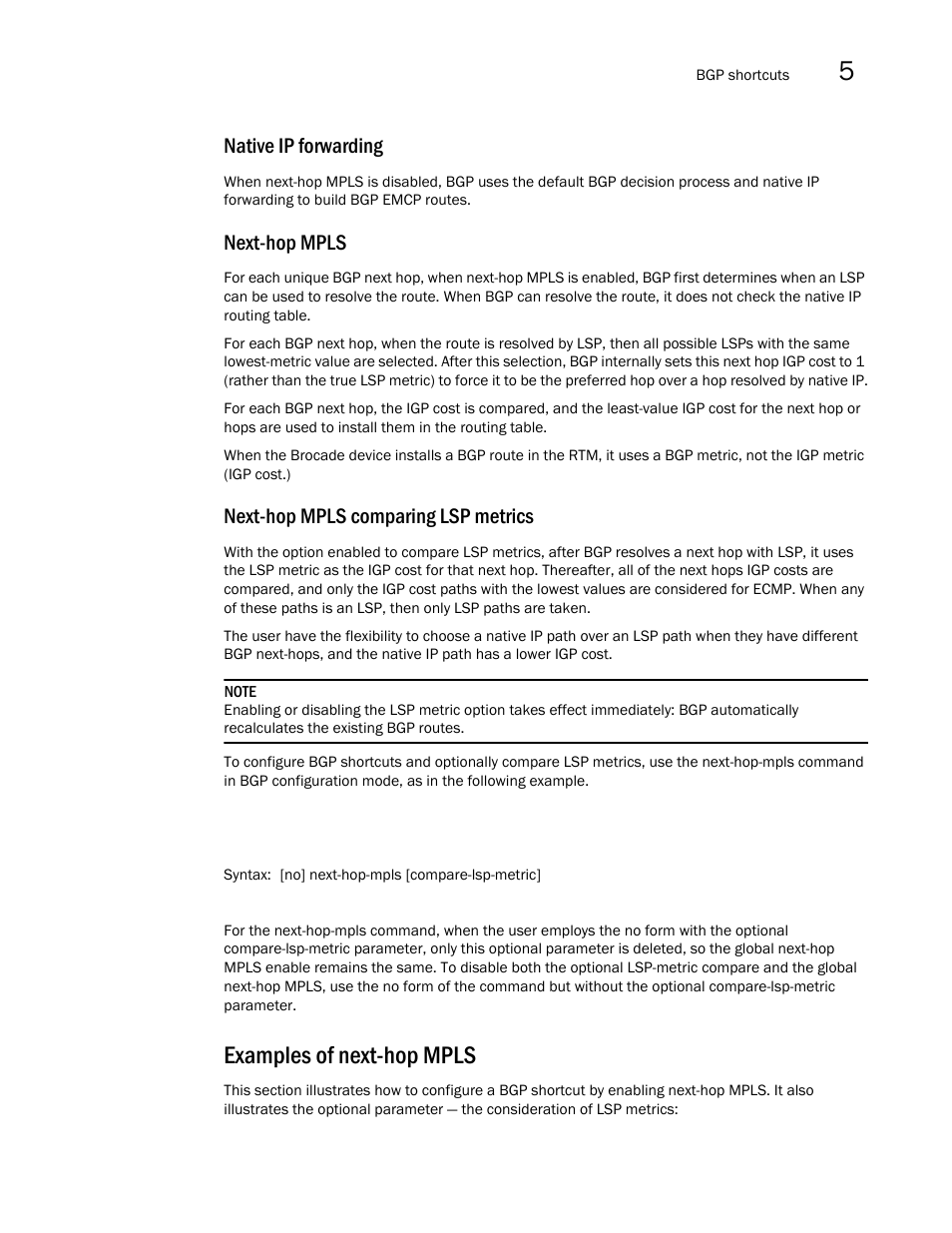 Examples of next-hop mpls, Native ip forwarding, Next-hop mpls | Next-hop mpls comparing lsp metrics | Brocade Multi-Service IronWare Multiprotocol Label Switch (MPLS) Configuration Guide (Supporting R05.6.00) User Manual | Page 609 / 852