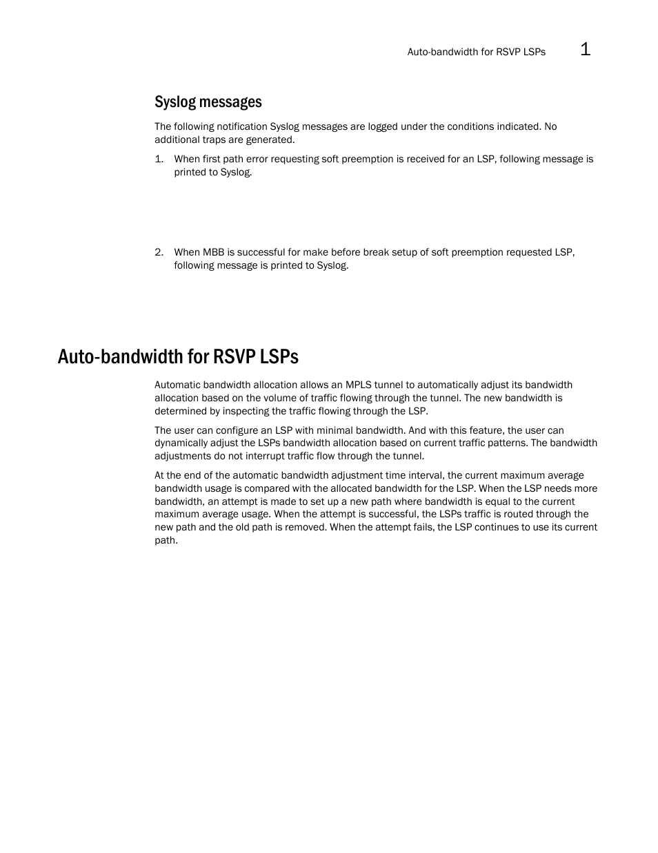 Syslog messages, Auto-bandwidth for rsvp lsps | Brocade Multi-Service IronWare Multiprotocol Label Switch (MPLS) Configuration Guide (Supporting R05.6.00) User Manual | Page 61 / 852