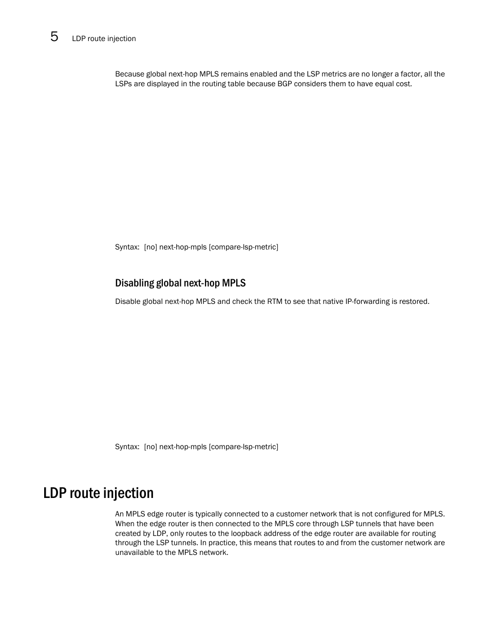 Ldp route injection, Disabling global next-hop mpls | Brocade Multi-Service IronWare Multiprotocol Label Switch (MPLS) Configuration Guide (Supporting R05.6.00) User Manual | Page 614 / 852