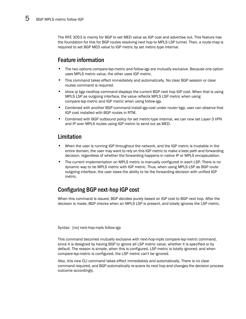 Feature information, Limitation, Configuring bgp next-hop igp cost | Brocade Multi-Service IronWare Multiprotocol Label Switch (MPLS) Configuration Guide (Supporting R05.6.00) User Manual | Page 620 / 852