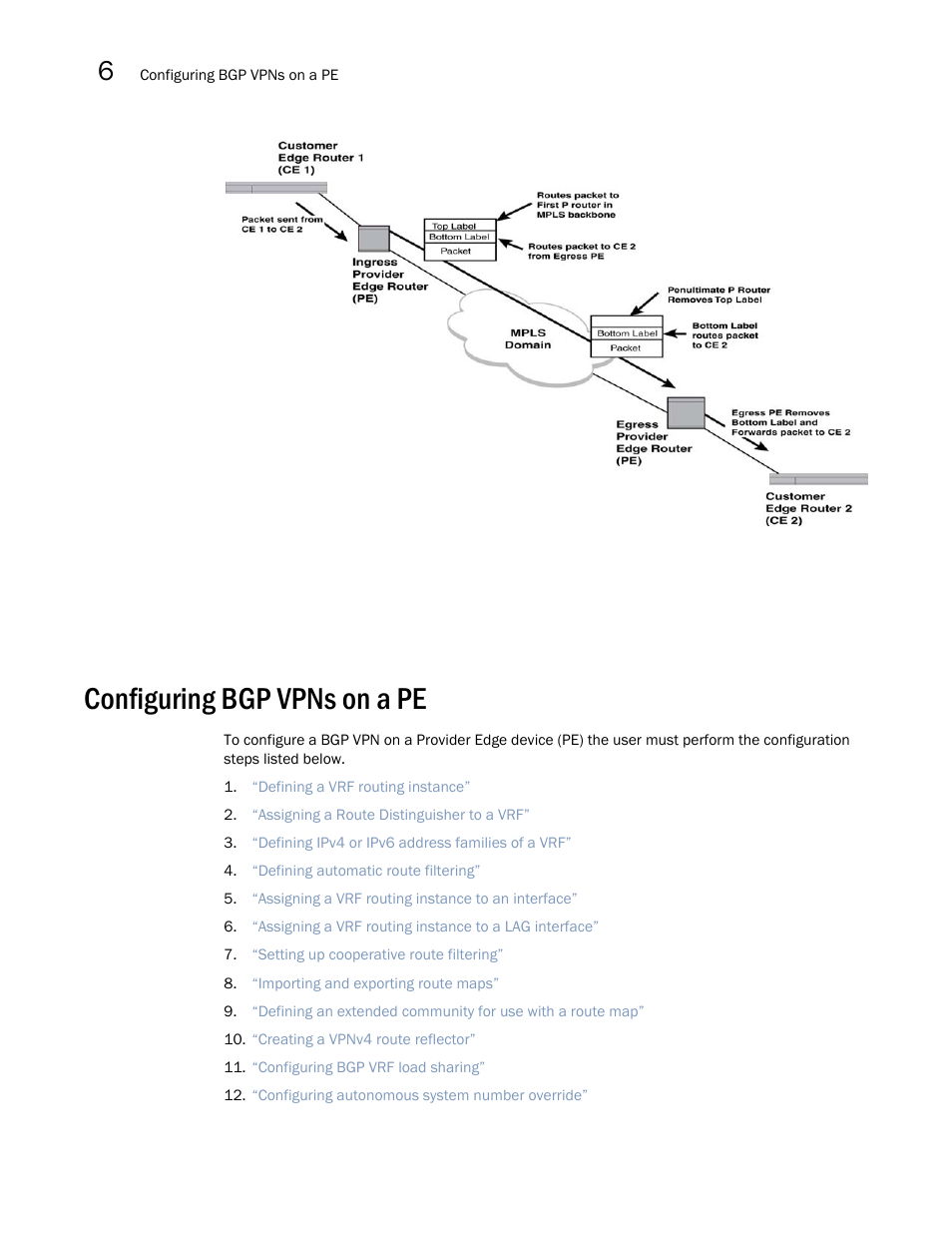 Configuring bgp vpns on a pe | Brocade Multi-Service IronWare Multiprotocol Label Switch (MPLS) Configuration Guide (Supporting R05.6.00) User Manual | Page 644 / 852