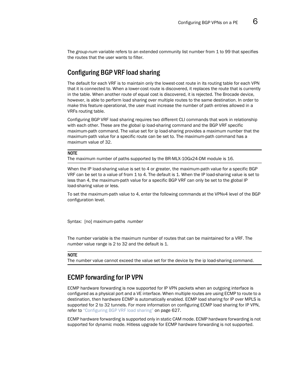 Configuring bgp vrf load sharing, Ecmp forwarding for ip vpn | Brocade Multi-Service IronWare Multiprotocol Label Switch (MPLS) Configuration Guide (Supporting R05.6.00) User Manual | Page 651 / 852