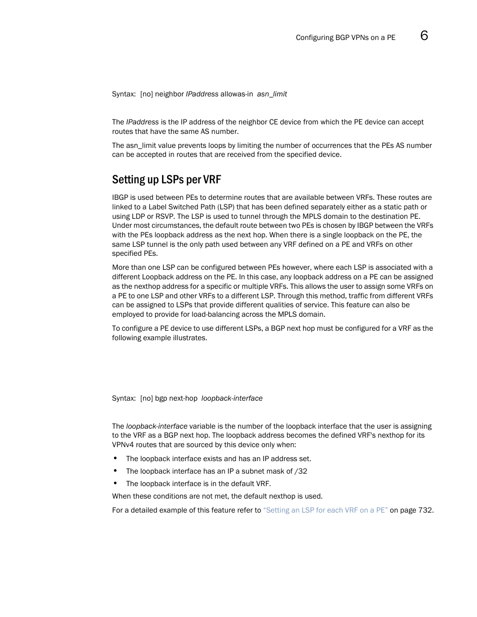 Setting up lsps per vrf | Brocade Multi-Service IronWare Multiprotocol Label Switch (MPLS) Configuration Guide (Supporting R05.6.00) User Manual | Page 653 / 852