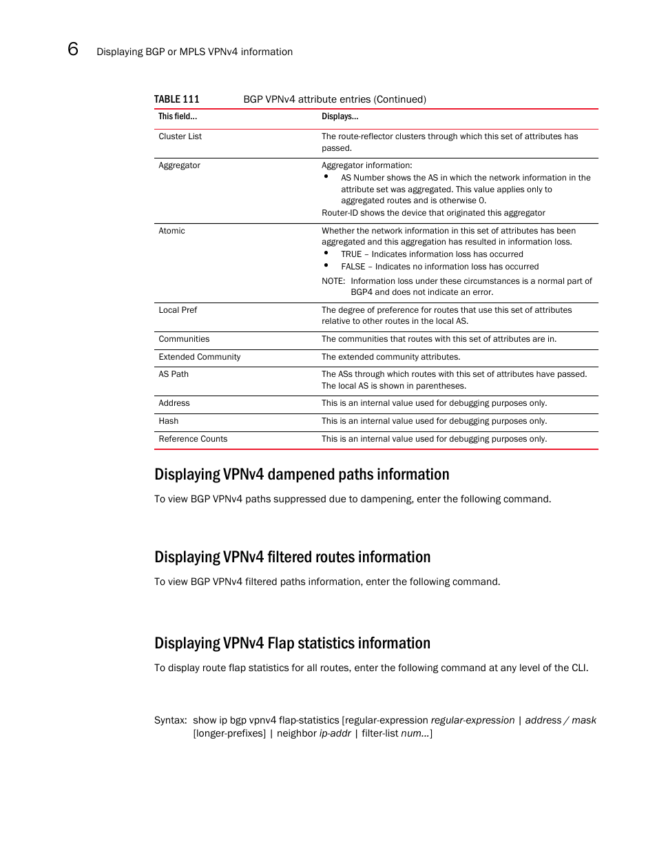 Displaying vpnv4 dampened paths information, Displaying vpnv4 filtered routes information, Displaying vpnv4 flap statistics information | Brocade Multi-Service IronWare Multiprotocol Label Switch (MPLS) Configuration Guide (Supporting R05.6.00) User Manual | Page 668 / 852