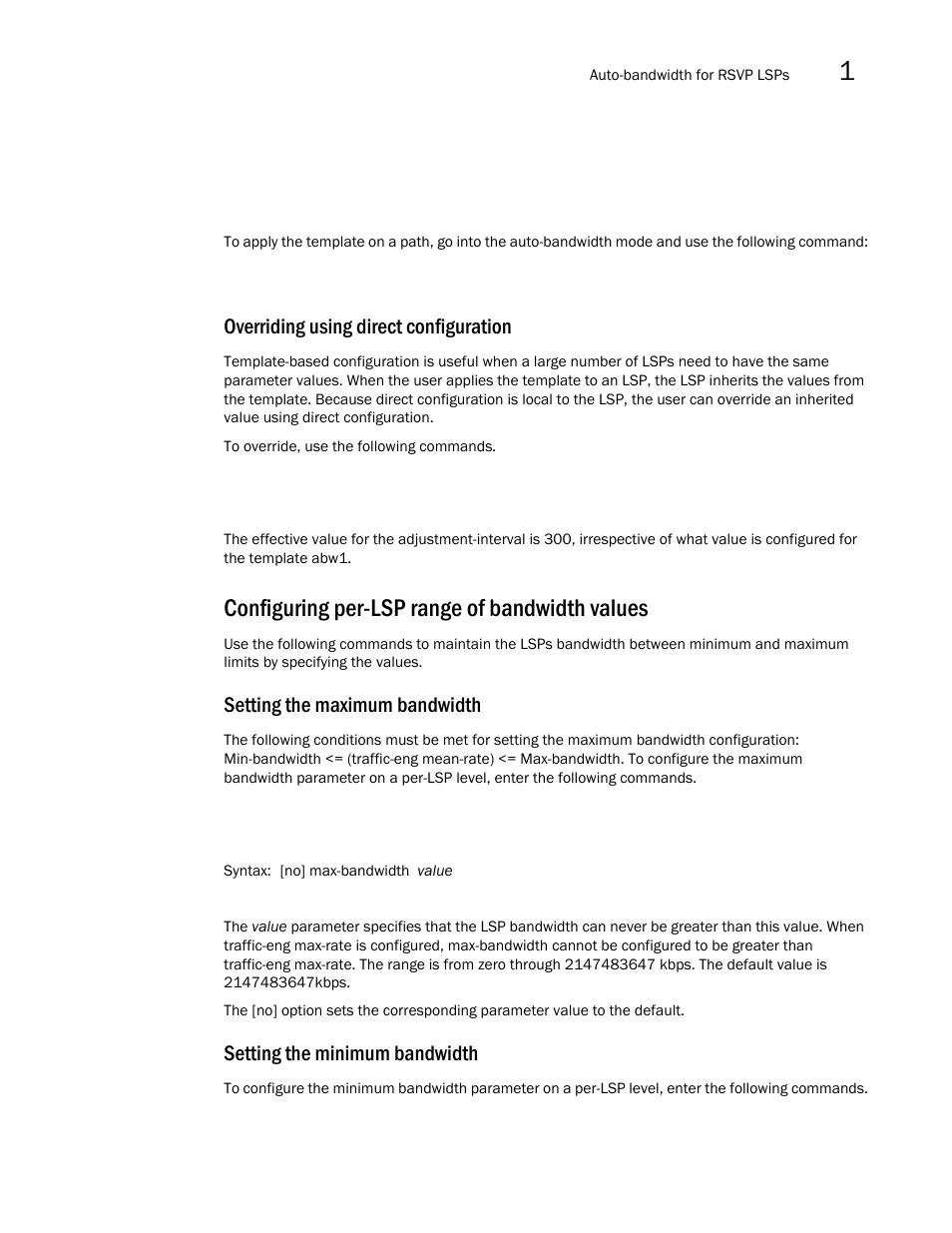 Configuring per-lsp range of bandwidth values, Overriding using direct configuration, Setting the maximum bandwidth | Setting the minimum bandwidth | Brocade Multi-Service IronWare Multiprotocol Label Switch (MPLS) Configuration Guide (Supporting R05.6.00) User Manual | Page 67 / 852