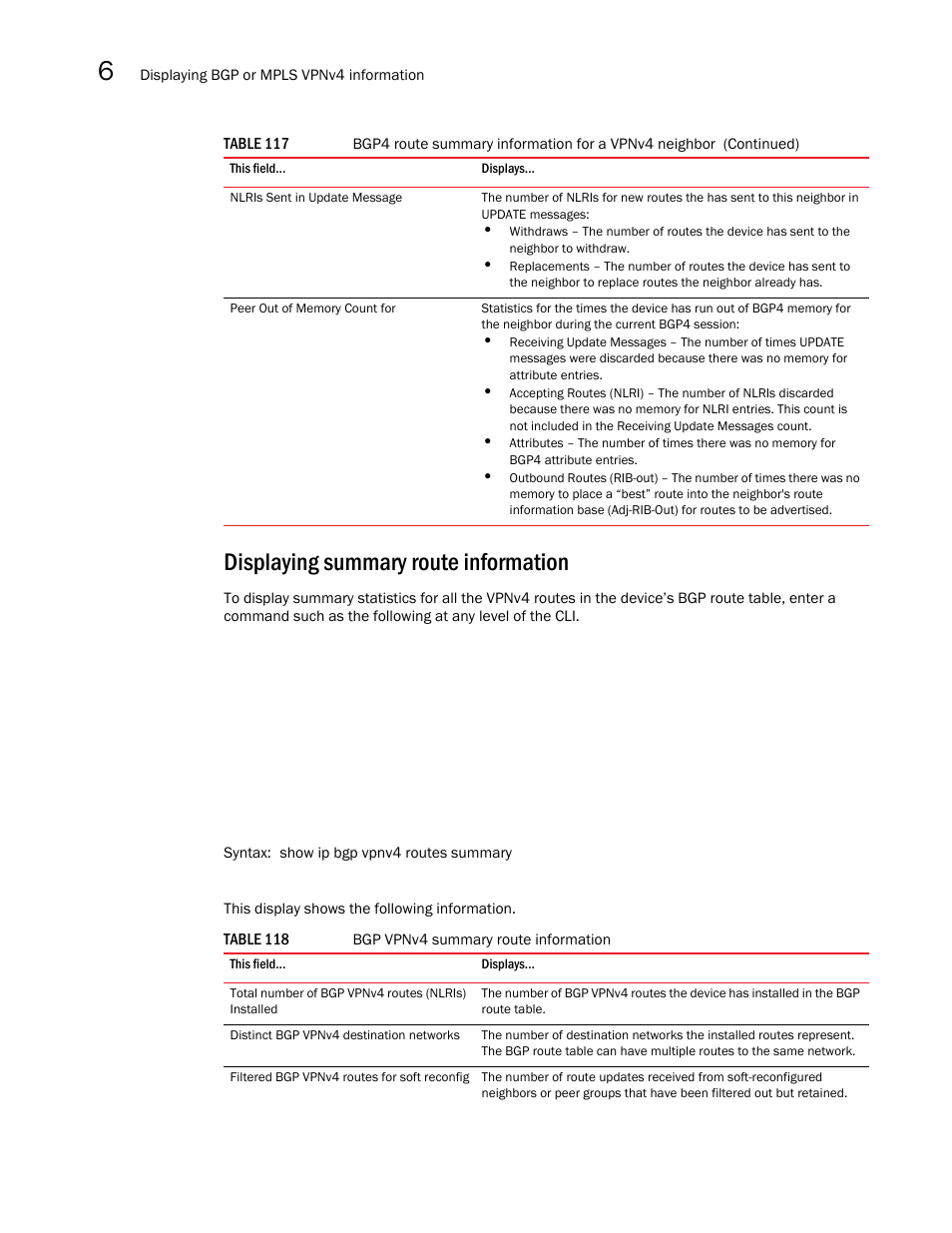 Displaying summary route information | Brocade Multi-Service IronWare Multiprotocol Label Switch (MPLS) Configuration Guide (Supporting R05.6.00) User Manual | Page 684 / 852