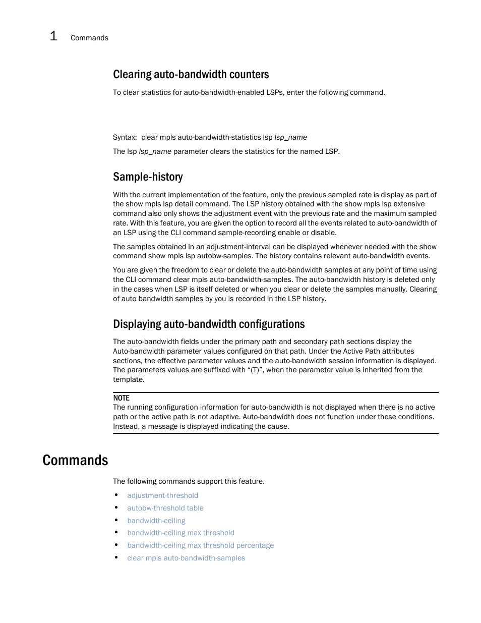 Clearing auto-bandwidth counters, Sample-history, Displaying auto-bandwidth configurations | Commands | Brocade Multi-Service IronWare Multiprotocol Label Switch (MPLS) Configuration Guide (Supporting R05.6.00) User Manual | Page 70 / 852