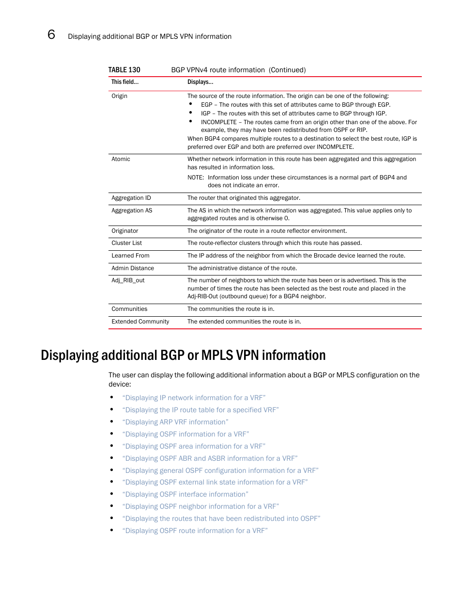 Displaying additional bgp or mpls vpn information | Brocade Multi-Service IronWare Multiprotocol Label Switch (MPLS) Configuration Guide (Supporting R05.6.00) User Manual | Page 716 / 852