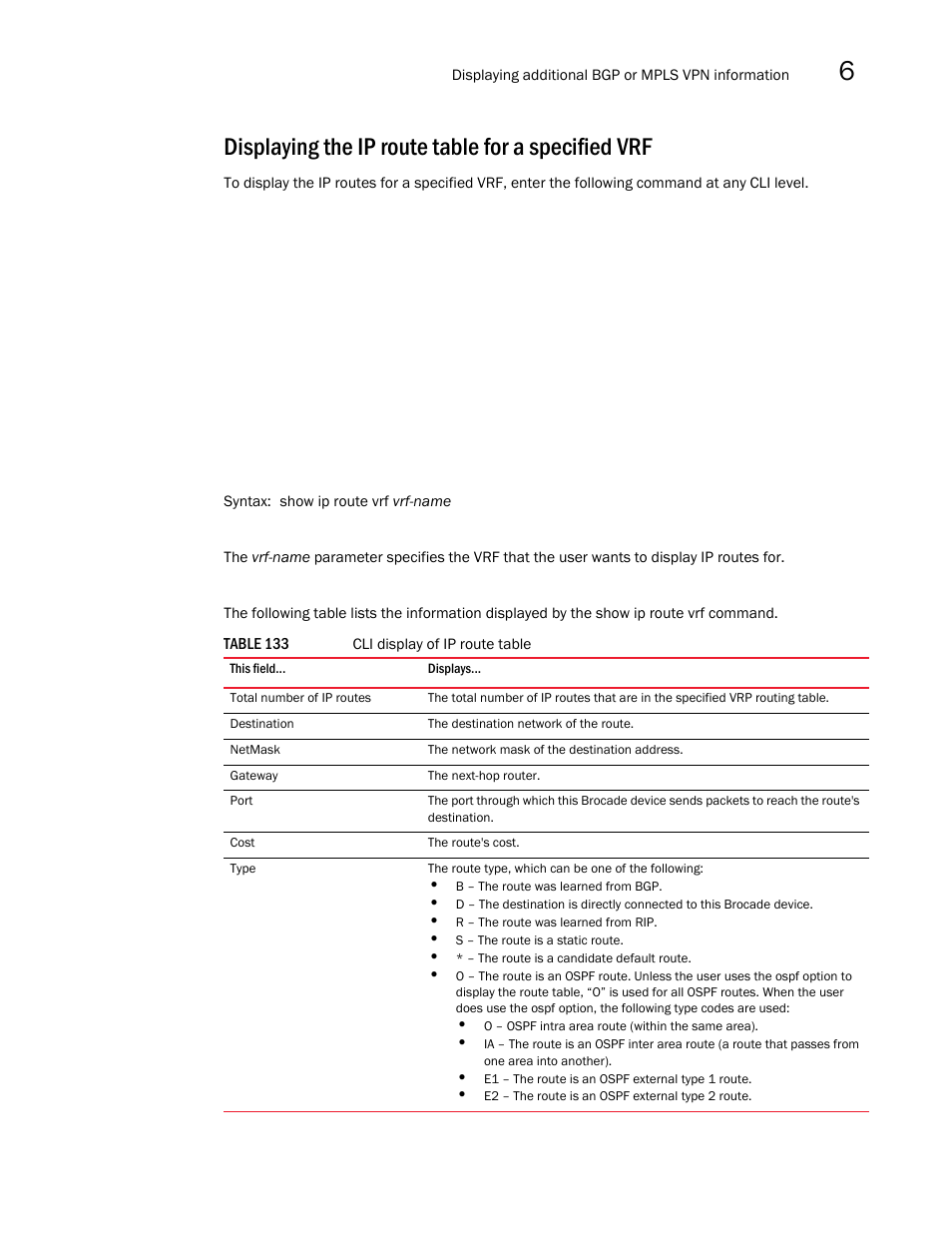 Displaying the ip route table for a specified vrf | Brocade Multi-Service IronWare Multiprotocol Label Switch (MPLS) Configuration Guide (Supporting R05.6.00) User Manual | Page 719 / 852