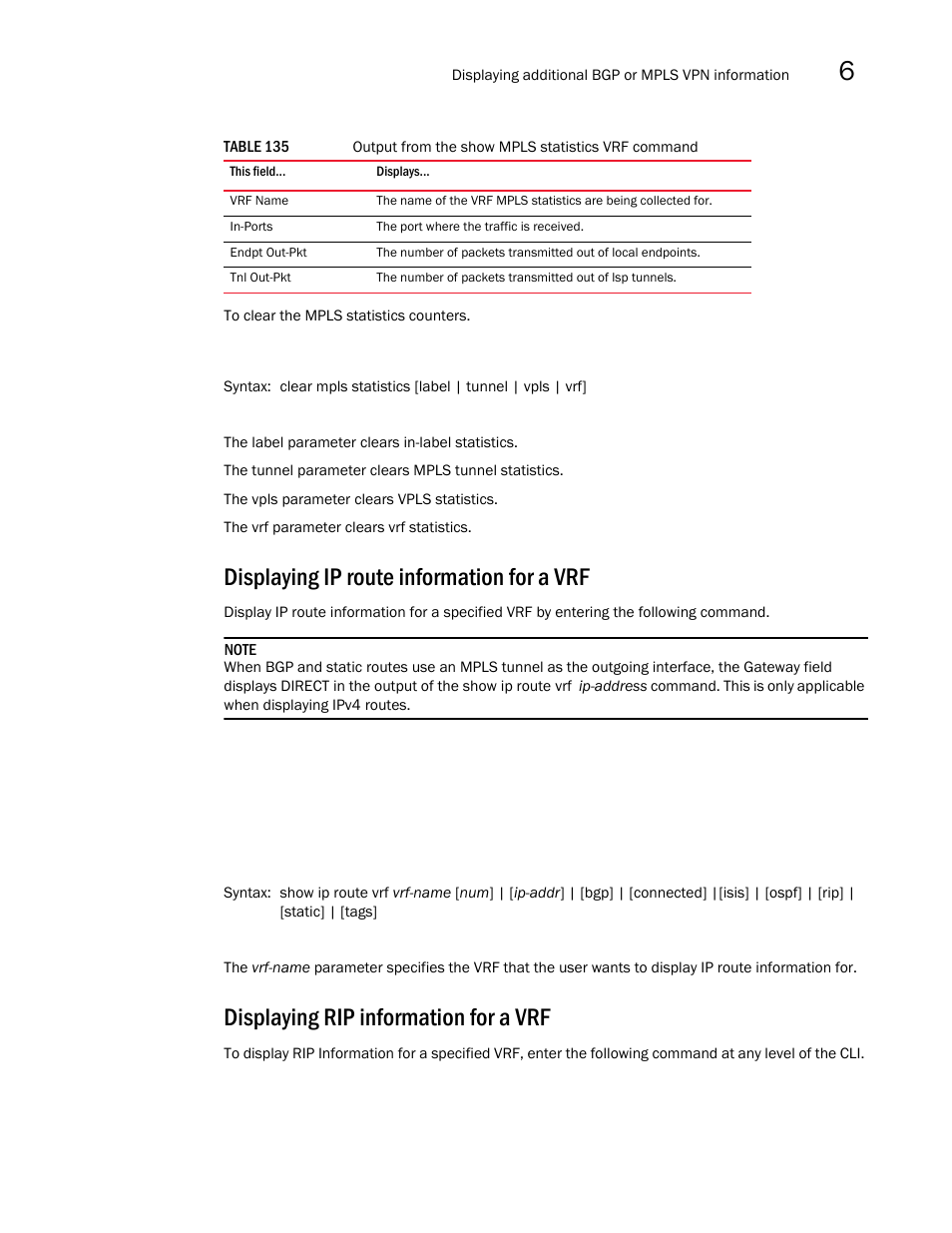 Displaying ip route information for a vrf, Displaying rip information for a vrf | Brocade Multi-Service IronWare Multiprotocol Label Switch (MPLS) Configuration Guide (Supporting R05.6.00) User Manual | Page 731 / 852