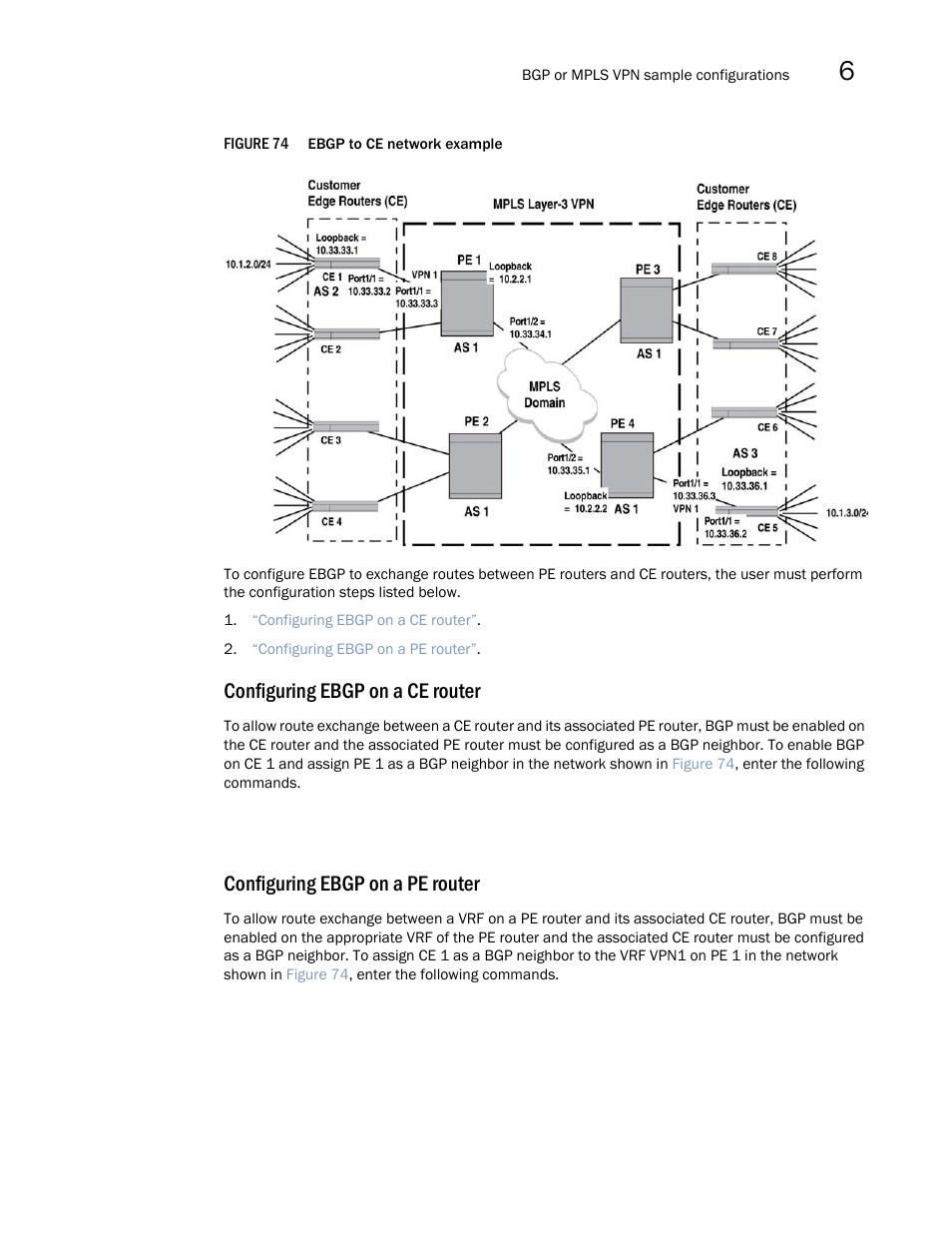 Figure, The ce 1 router is, Configuring ebgp on a ce router | Configuring ebgp on a pe router | Brocade Multi-Service IronWare Multiprotocol Label Switch (MPLS) Configuration Guide (Supporting R05.6.00) User Manual | Page 735 / 852