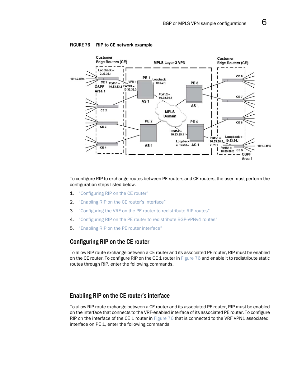 Configuring rip on the ce router, Enabling rip on the ce router’s interface | Brocade Multi-Service IronWare Multiprotocol Label Switch (MPLS) Configuration Guide (Supporting R05.6.00) User Manual | Page 743 / 852