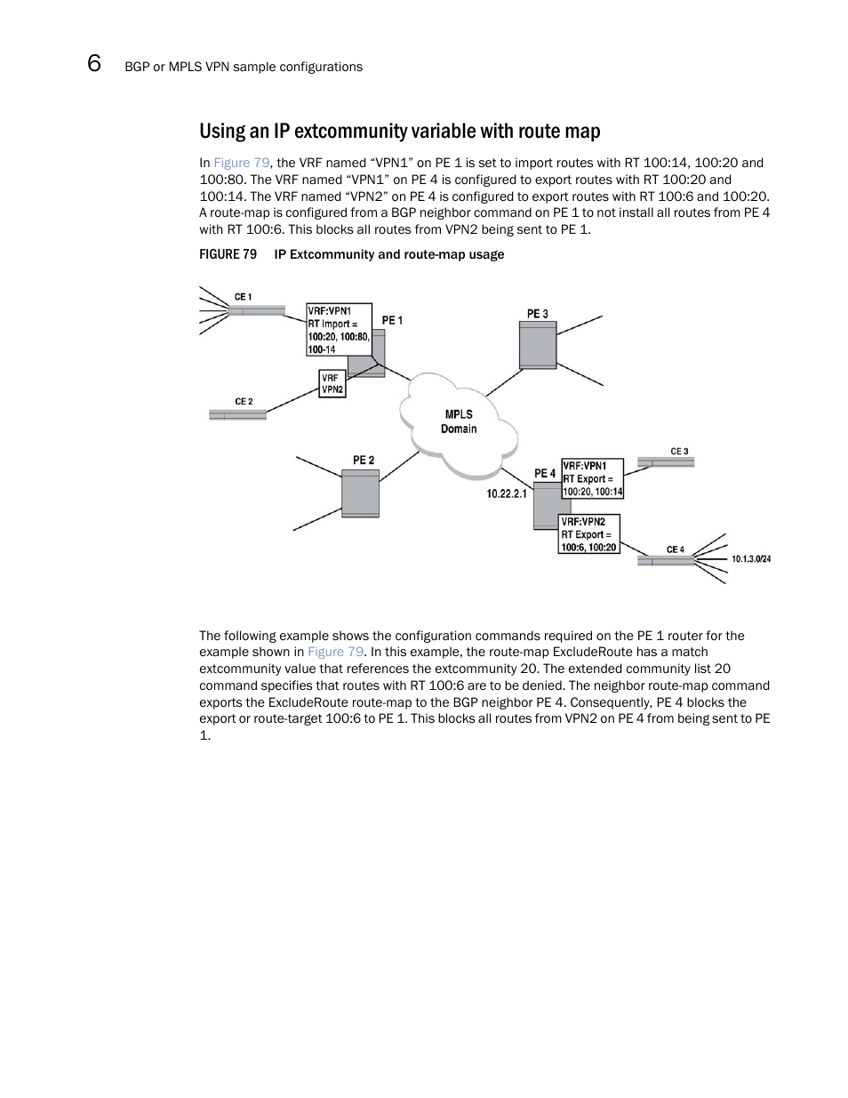 Using an ip extcommunity variable with route map | Brocade Multi-Service IronWare Multiprotocol Label Switch (MPLS) Configuration Guide (Supporting R05.6.00) User Manual | Page 754 / 852
