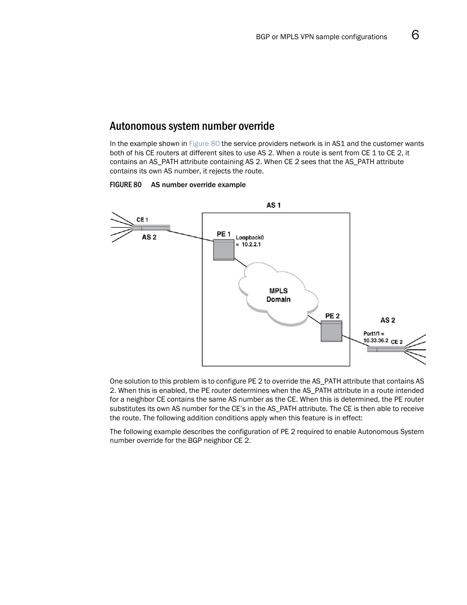 Autonomous system number override | Brocade Multi-Service IronWare Multiprotocol Label Switch (MPLS) Configuration Guide (Supporting R05.6.00) User Manual | Page 755 / 852