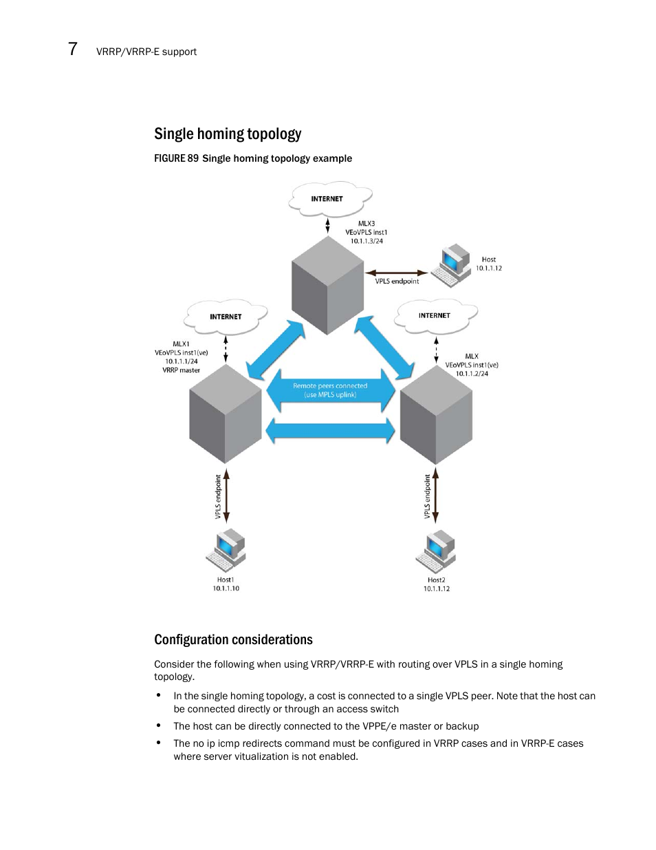 Single homing topology, Configuration considerations | Brocade Multi-Service IronWare Multiprotocol Label Switch (MPLS) Configuration Guide (Supporting R05.6.00) User Manual | Page 776 / 852