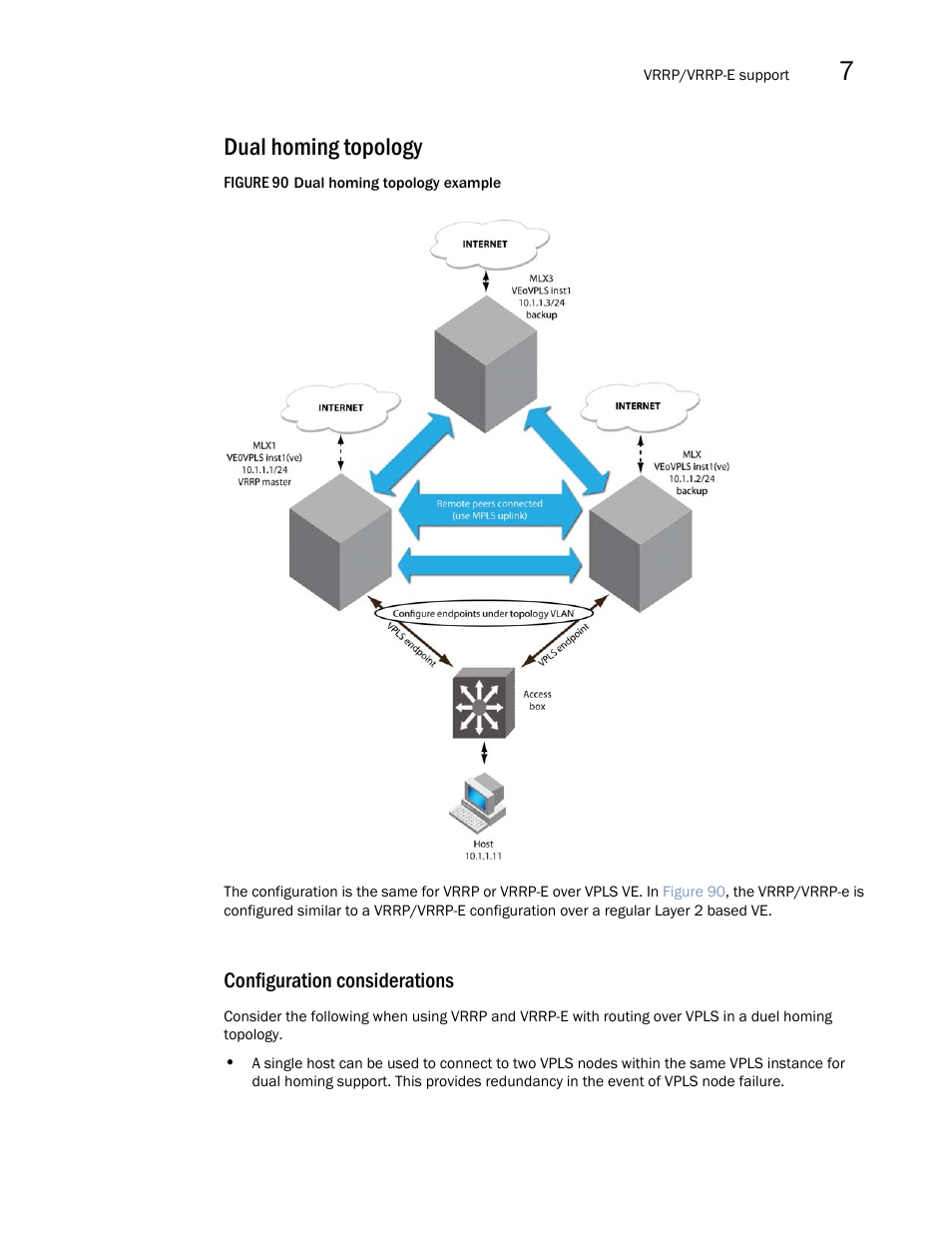 Dual homing topology, Configuration considerations | Brocade Multi-Service IronWare Multiprotocol Label Switch (MPLS) Configuration Guide (Supporting R05.6.00) User Manual | Page 777 / 852
