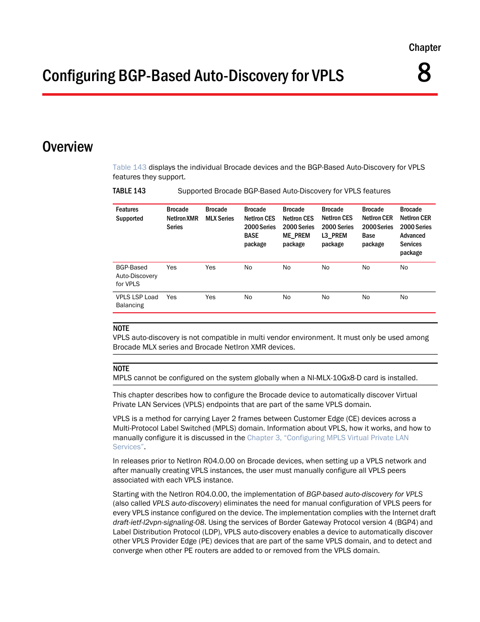 Configuring bgp-based auto-discovery for vpls, Overview, Chapter 8 | Chapter | Brocade Multi-Service IronWare Multiprotocol Label Switch (MPLS) Configuration Guide (Supporting R05.6.00) User Manual | Page 783 / 852