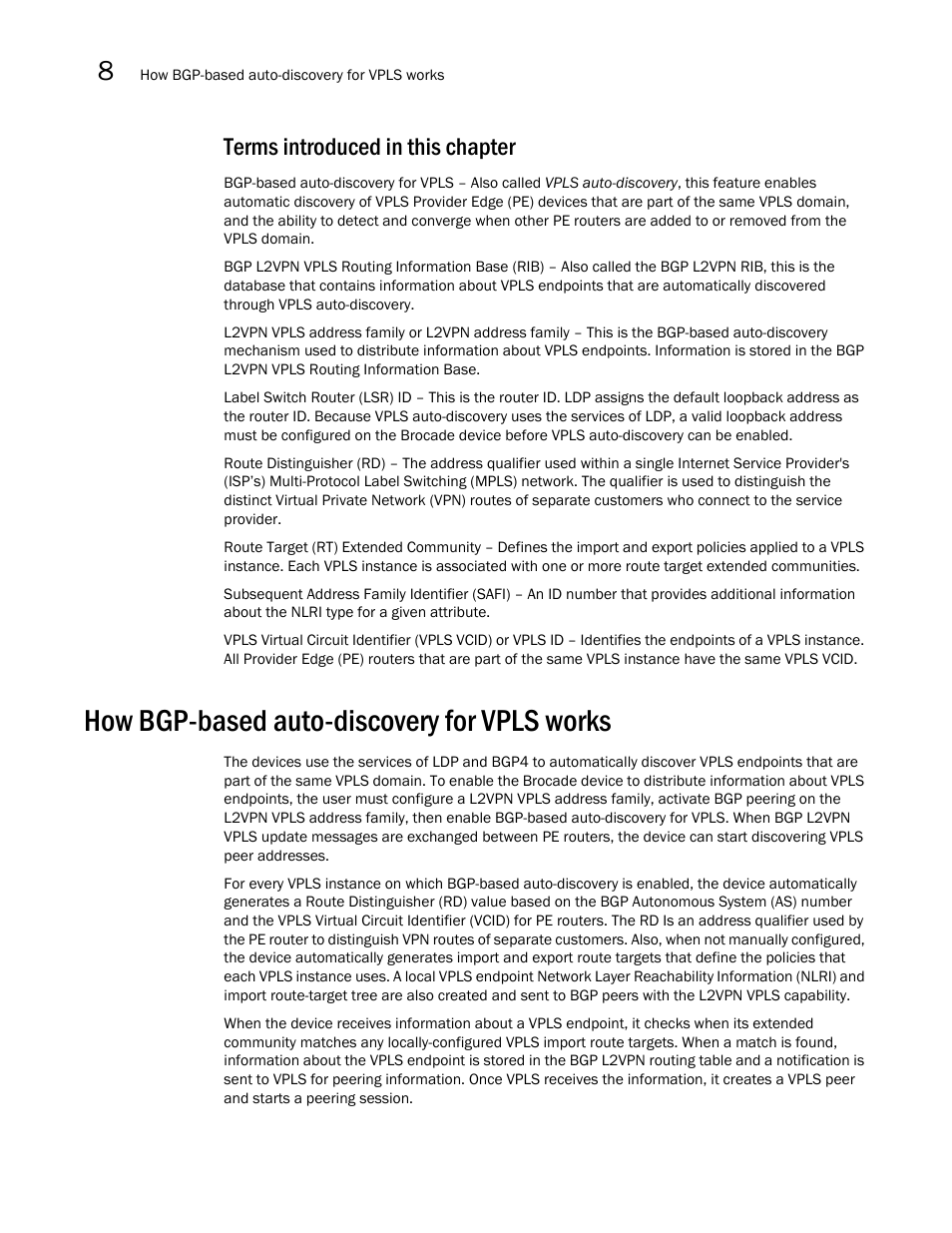 Terms introduced in this chapter, How bgp-based auto-discovery for vpls works | Brocade Multi-Service IronWare Multiprotocol Label Switch (MPLS) Configuration Guide (Supporting R05.6.00) User Manual | Page 784 / 852