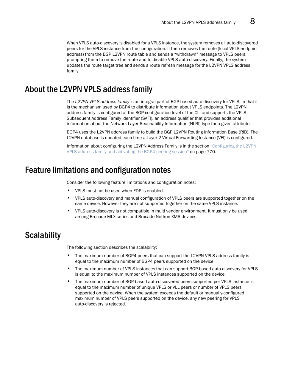 About the l2vpn vpls address family, Feature limitations and configuration notes, Scalability | Brocade Multi-Service IronWare Multiprotocol Label Switch (MPLS) Configuration Guide (Supporting R05.6.00) User Manual | Page 785 / 852