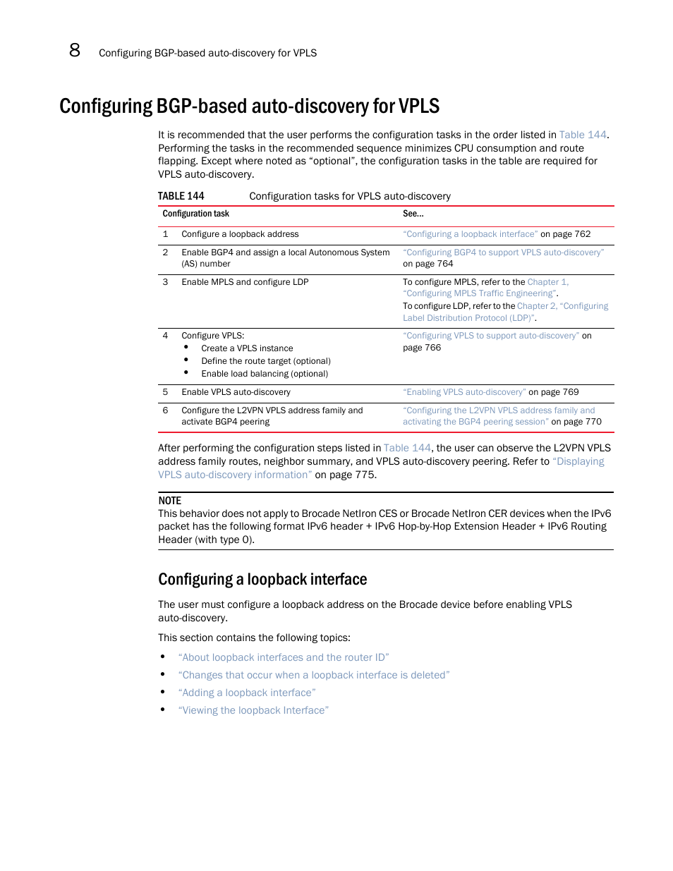 Configuring bgp-based auto-discovery for vpls, Configuring a loopback interface | Brocade Multi-Service IronWare Multiprotocol Label Switch (MPLS) Configuration Guide (Supporting R05.6.00) User Manual | Page 786 / 852