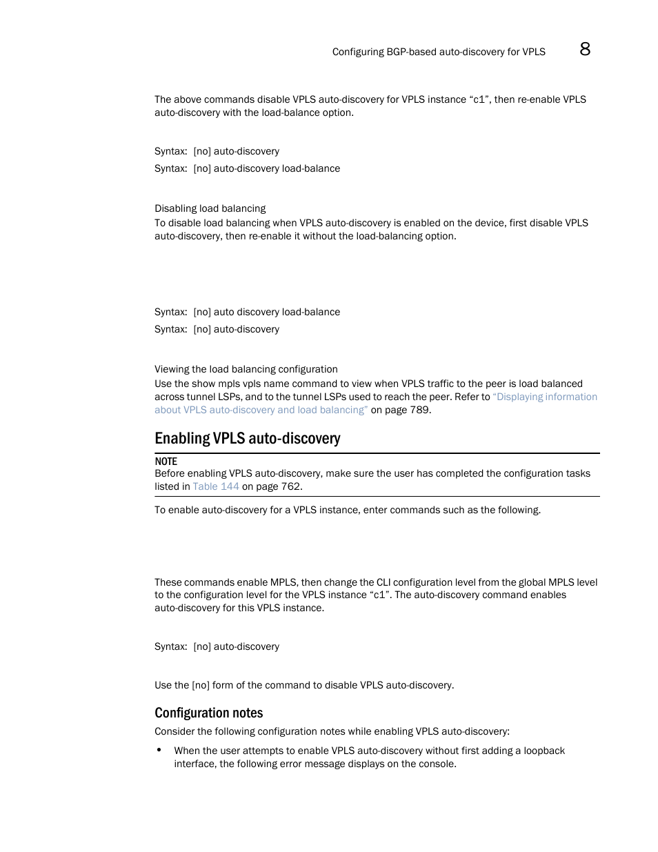 Enabling vpls auto-discovery, To disable load balancing, refer to, Disabling load balancing | Brocade Multi-Service IronWare Multiprotocol Label Switch (MPLS) Configuration Guide (Supporting R05.6.00) User Manual | Page 793 / 852