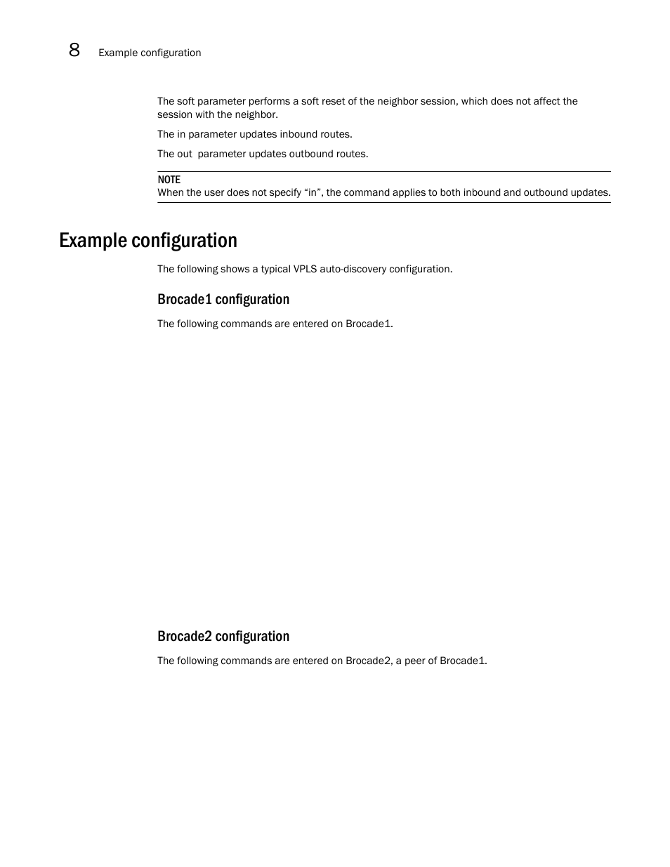 Example configuration, Brocade1 configuration, Brocade2 configuration | Brocade Multi-Service IronWare Multiprotocol Label Switch (MPLS) Configuration Guide (Supporting R05.6.00) User Manual | Page 796 / 852