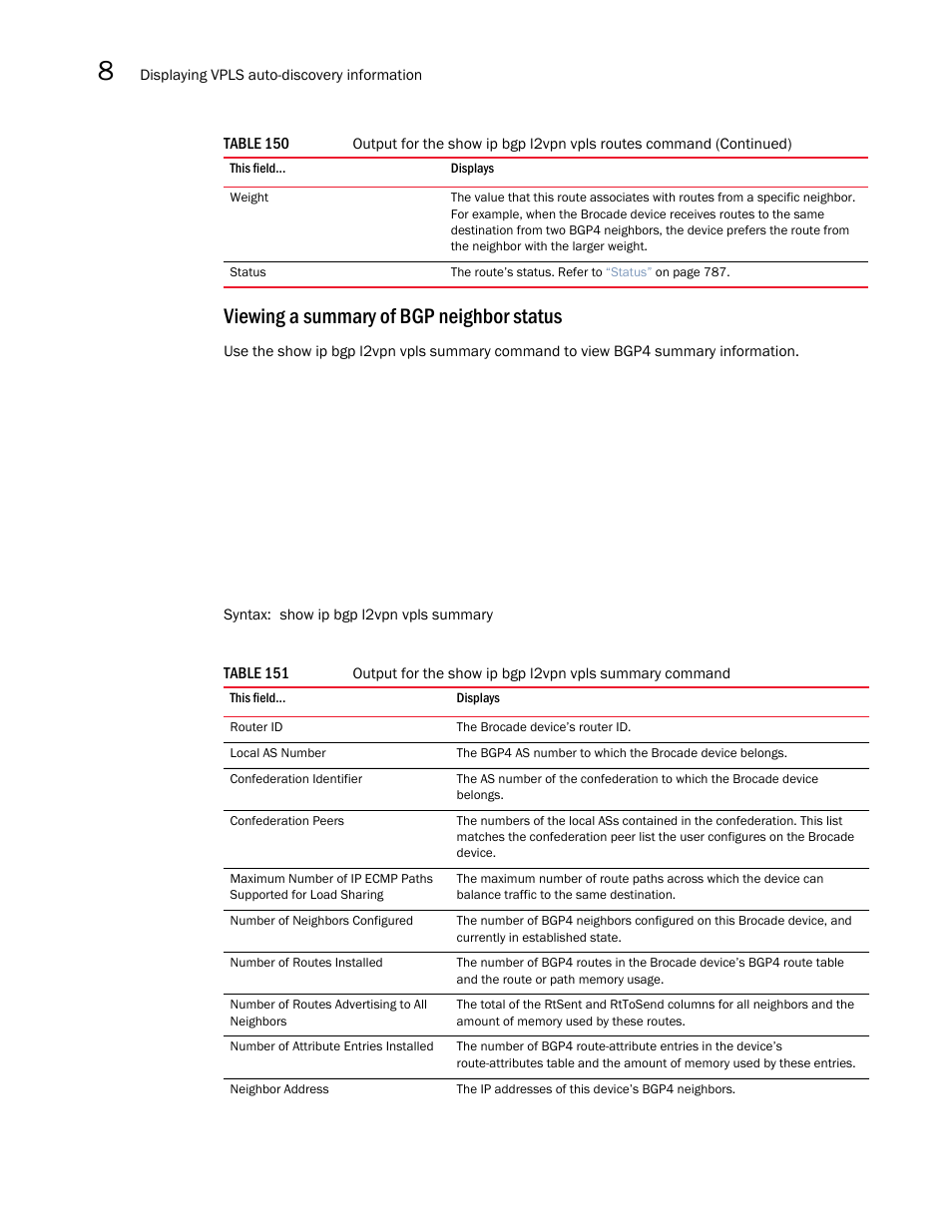 Viewing a summary of bgp neighbor status | Brocade Multi-Service IronWare Multiprotocol Label Switch (MPLS) Configuration Guide (Supporting R05.6.00) User Manual | Page 812 / 852