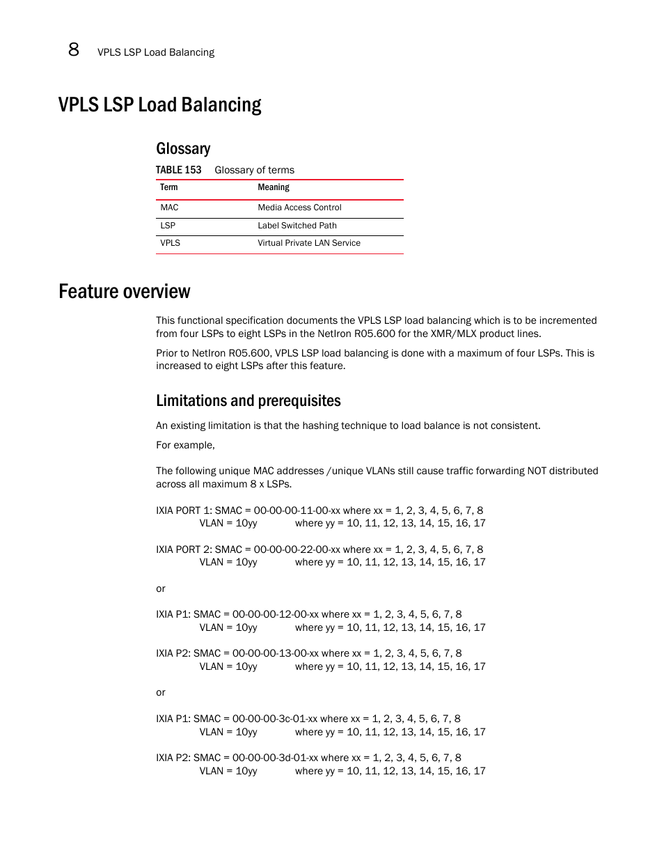 Vpls lsp load balancing, Glossary, Feature overview | Limitations and prerequisites | Brocade Multi-Service IronWare Multiprotocol Label Switch (MPLS) Configuration Guide (Supporting R05.6.00) User Manual | Page 816 / 852