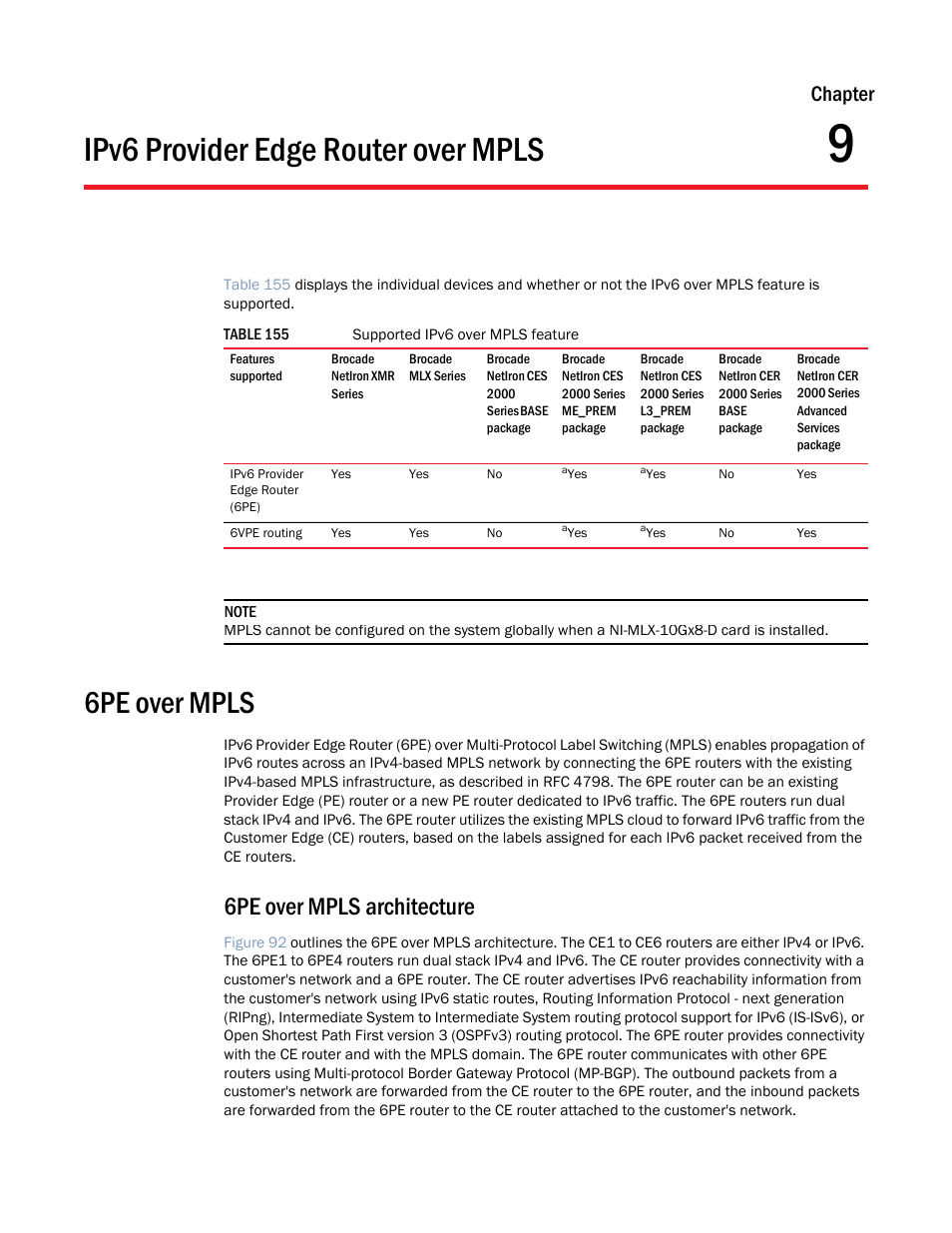 Ipv6 provider edge router over mpls, 6pe over mpls, 6pe over mpls architecture | Chapter 9, Chapter | Brocade Multi-Service IronWare Multiprotocol Label Switch (MPLS) Configuration Guide (Supporting R05.6.00) User Manual | Page 823 / 852