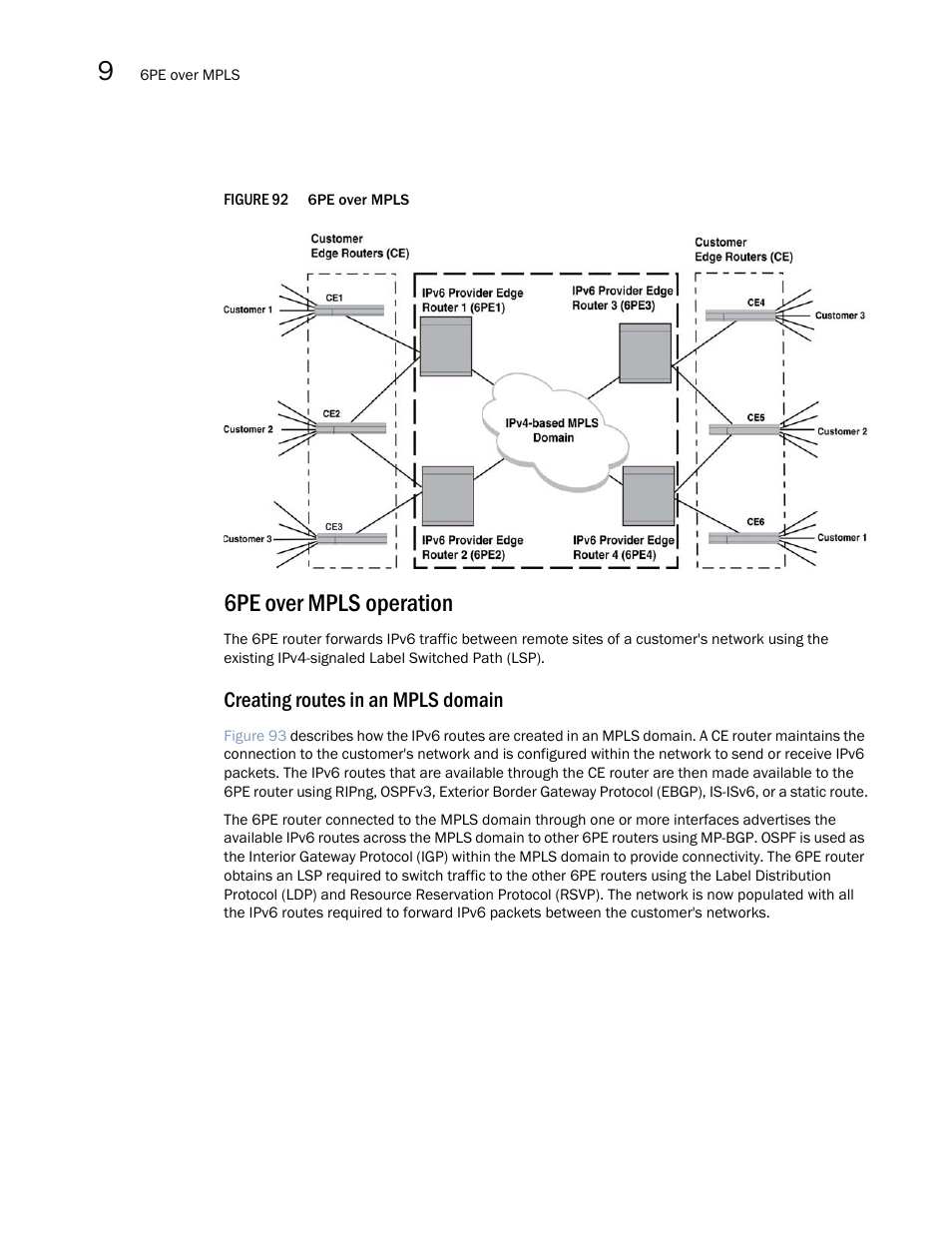 6pe over mpls operation, Figure, Creating routes in an mpls domain | Brocade Multi-Service IronWare Multiprotocol Label Switch (MPLS) Configuration Guide (Supporting R05.6.00) User Manual | Page 824 / 852