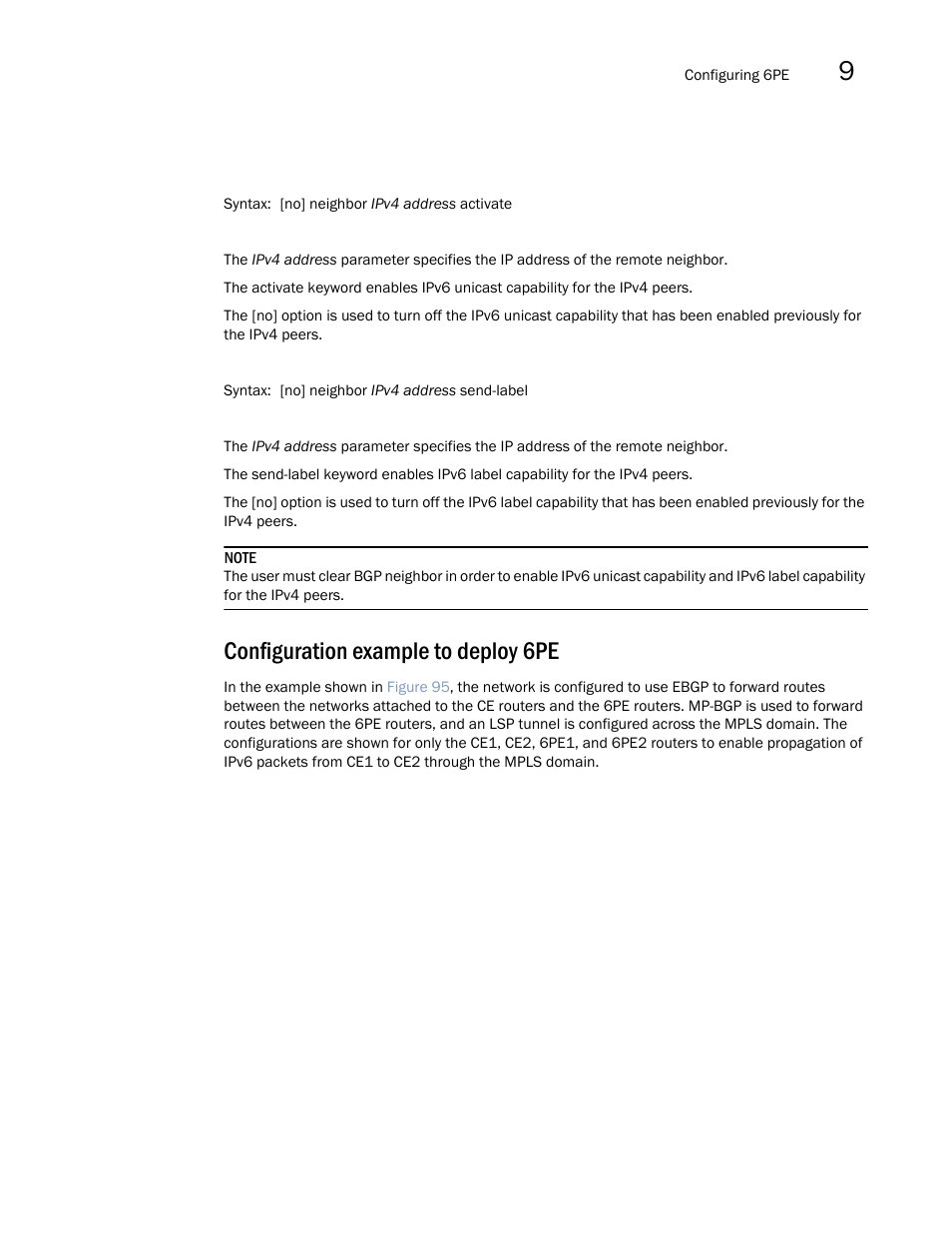 Configuration example to deploy 6pe | Brocade Multi-Service IronWare Multiprotocol Label Switch (MPLS) Configuration Guide (Supporting R05.6.00) User Manual | Page 827 / 852