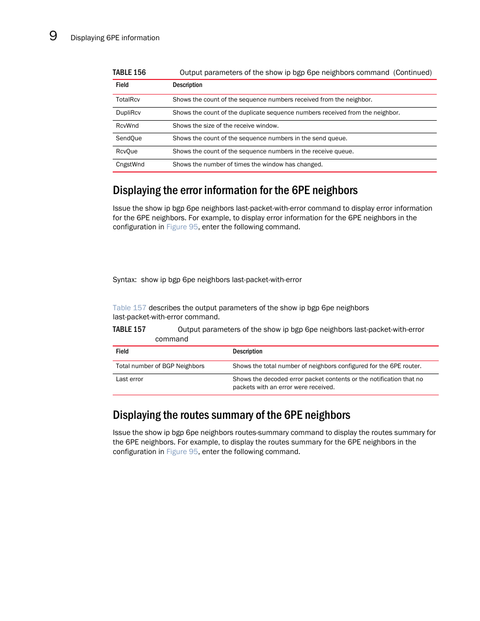 Displaying the routes summary of the 6pe neighbors | Brocade Multi-Service IronWare Multiprotocol Label Switch (MPLS) Configuration Guide (Supporting R05.6.00) User Manual | Page 836 / 852