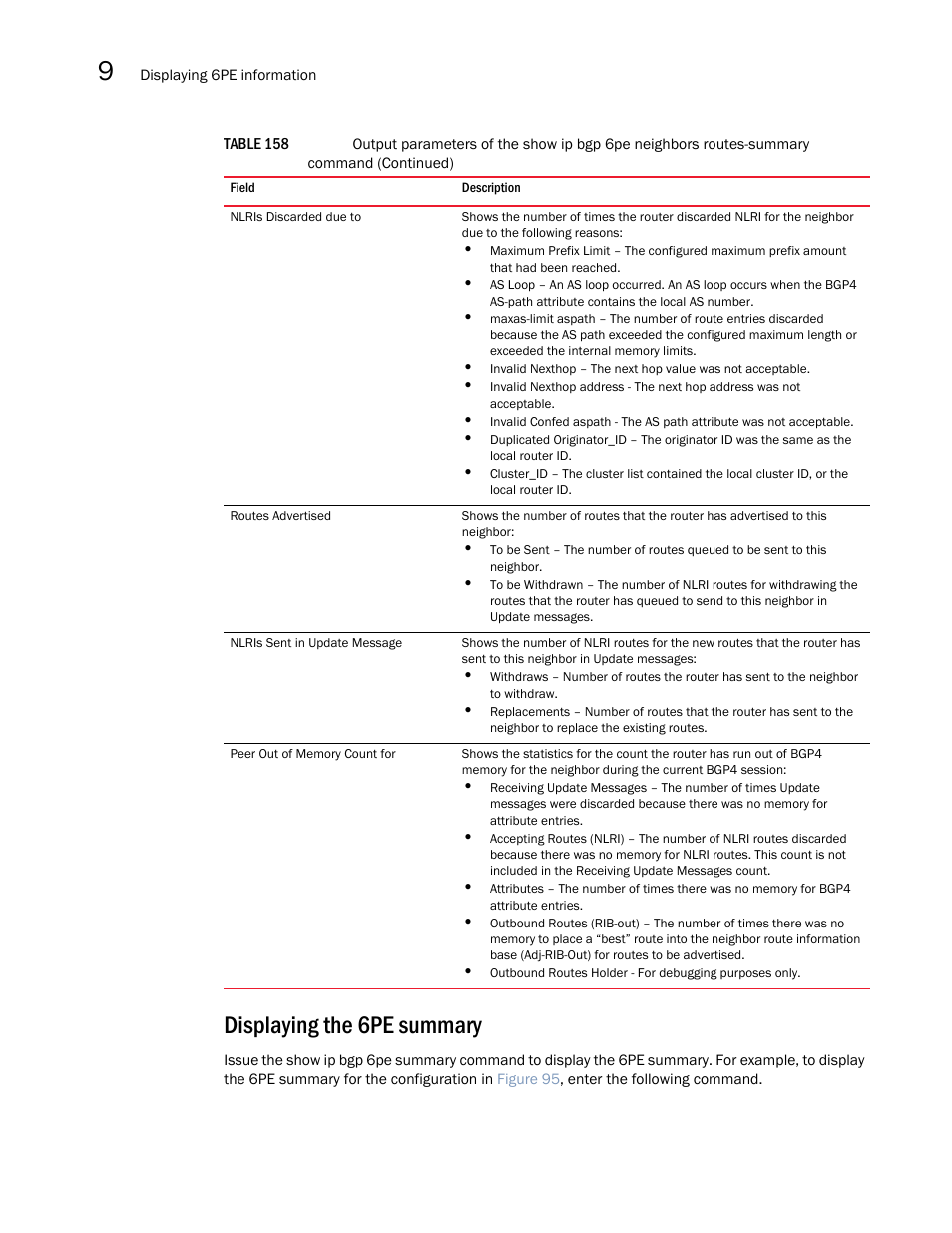 Displaying the 6pe summary | Brocade Multi-Service IronWare Multiprotocol Label Switch (MPLS) Configuration Guide (Supporting R05.6.00) User Manual | Page 838 / 852