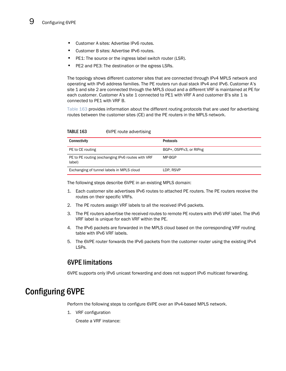 6vpe limitations, Configuring 6vpe | Brocade Multi-Service IronWare Multiprotocol Label Switch (MPLS) Configuration Guide (Supporting R05.6.00) User Manual | Page 844 / 852