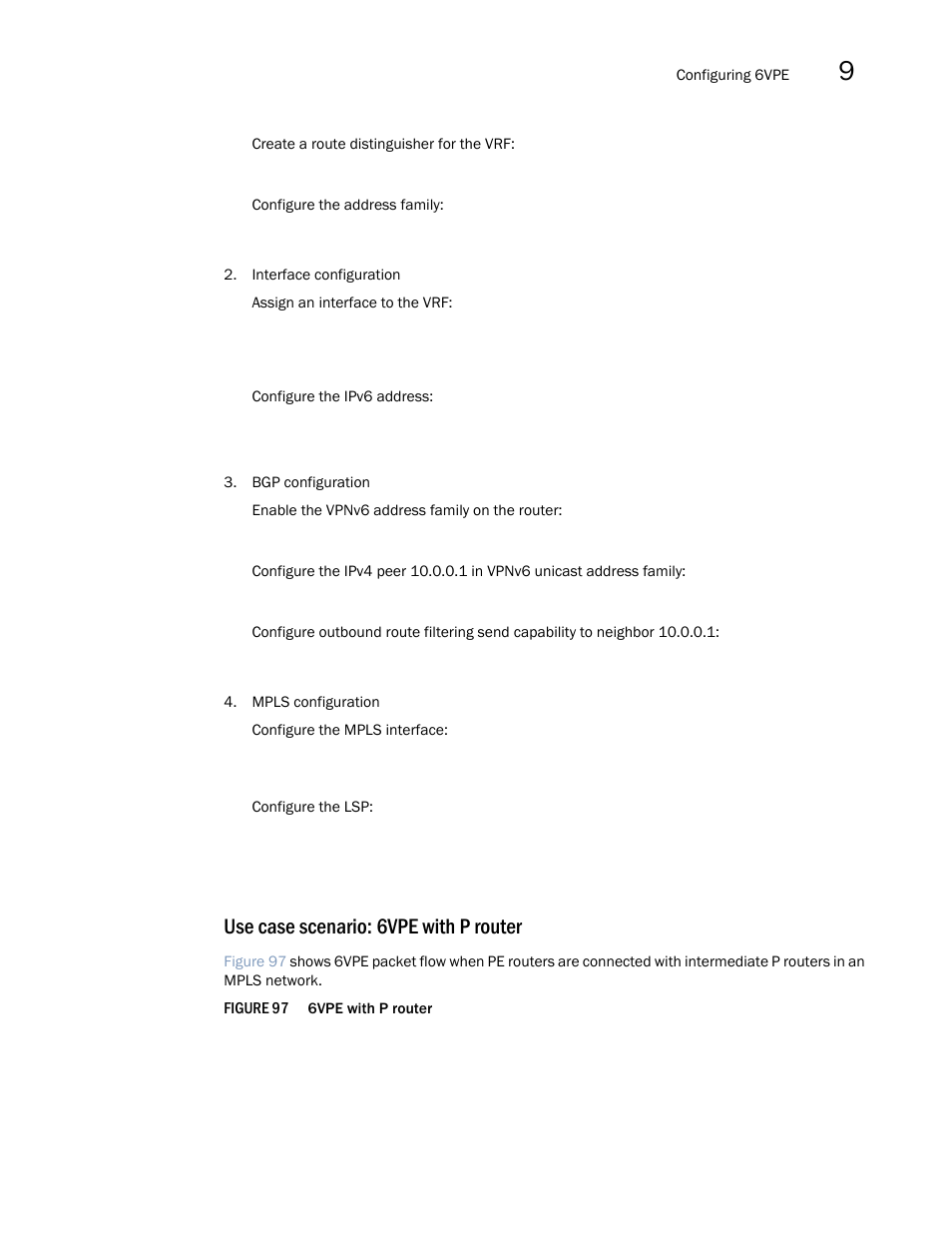 Use case scenario: 6vpe with p router | Brocade Multi-Service IronWare Multiprotocol Label Switch (MPLS) Configuration Guide (Supporting R05.6.00) User Manual | Page 845 / 852