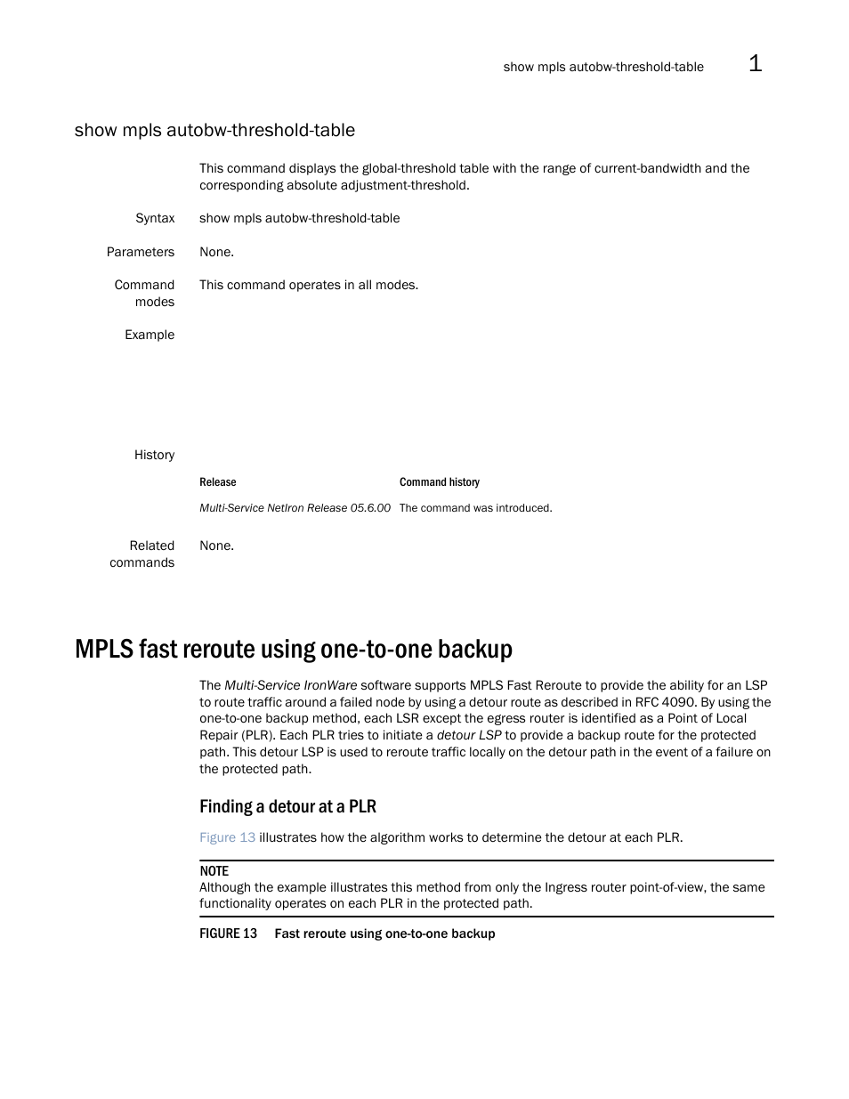 Mpls fast reroute using one-to-one backup, Show mpls autobw-threshold-table, Finding a detour at a plr | Brocade Multi-Service IronWare Multiprotocol Label Switch (MPLS) Configuration Guide (Supporting R05.6.00) User Manual | Page 85 / 852